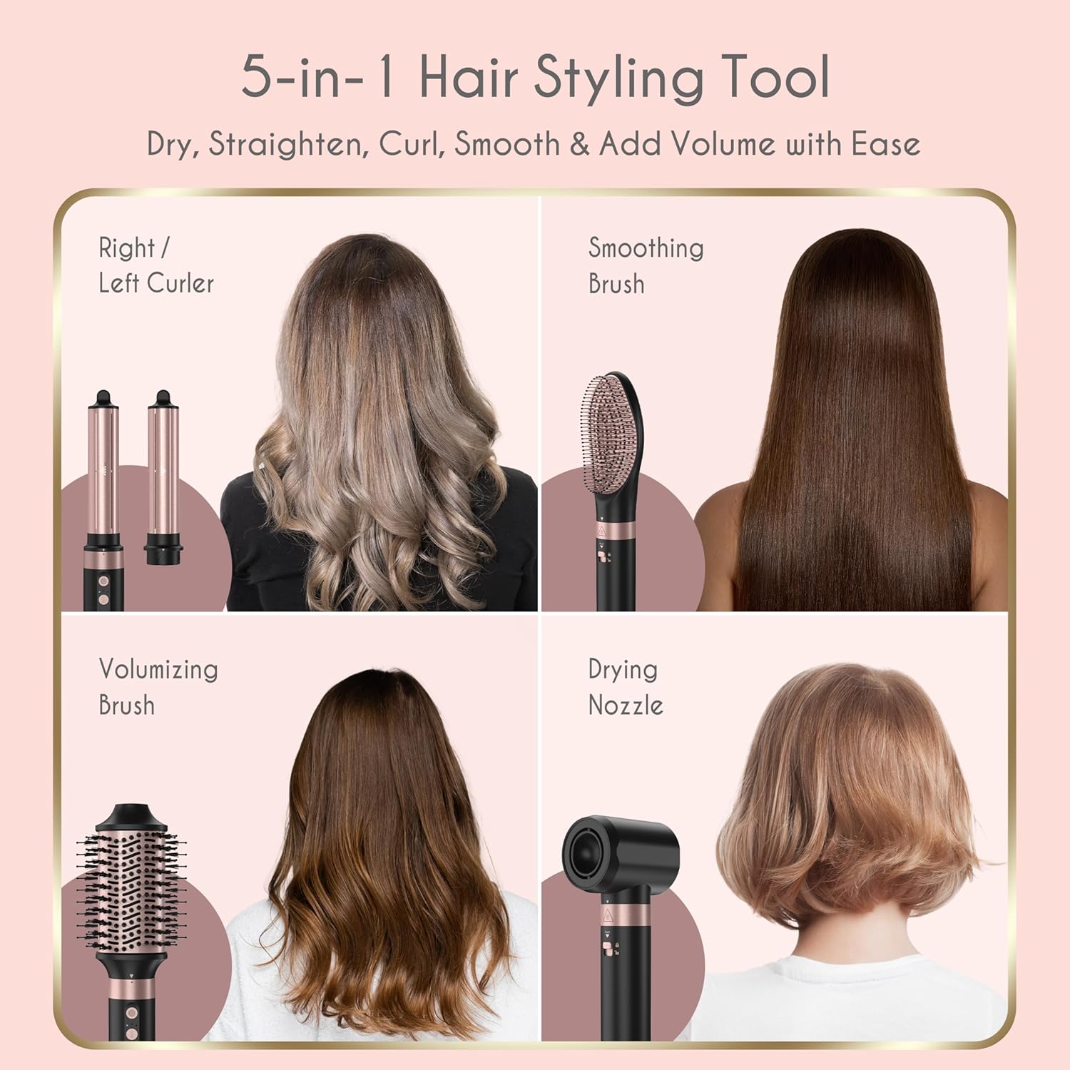 5 in 1 Ionic Hot Air Styler, 1400W Powerful Hair Dryer Brush, Auto-Wra