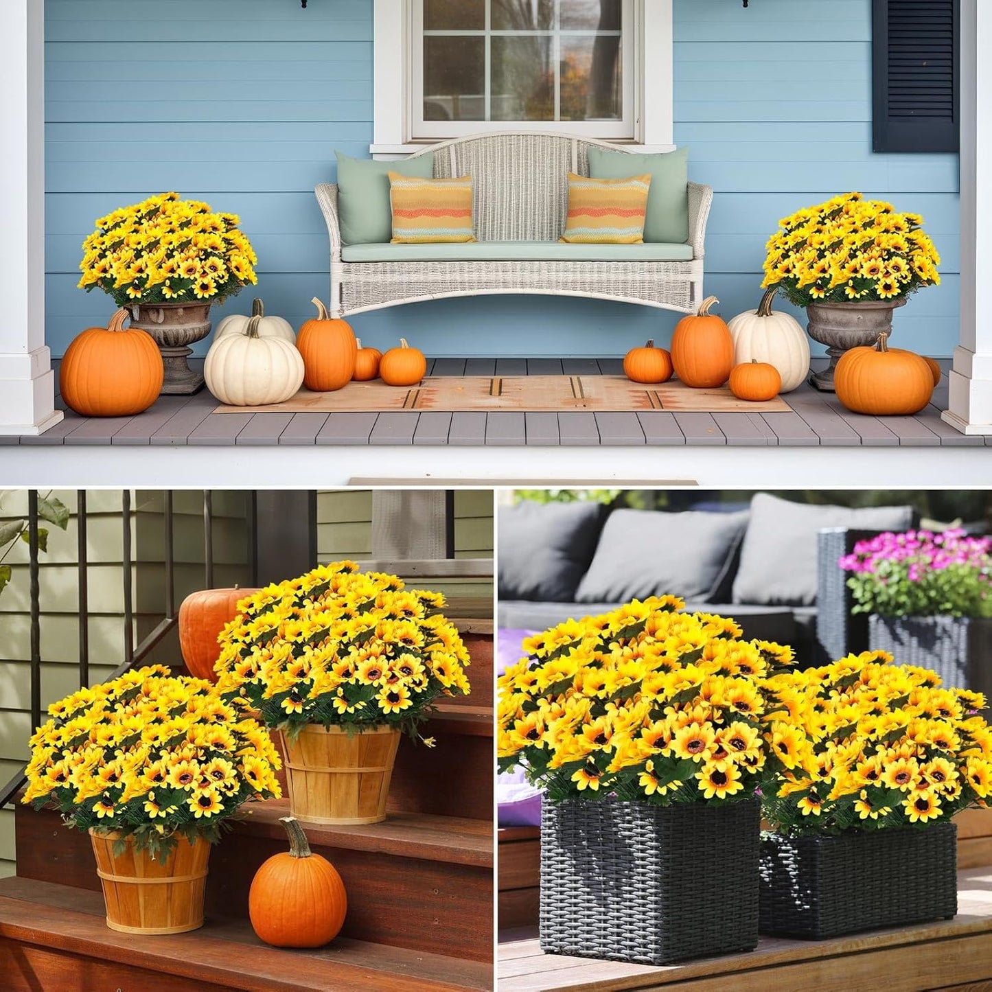 16 Bundles Sunflower Artificial Flowers for Outdoors, Indoor Yellow Fake Floral with Ground Spike for Door Yard Porch Patio Garden Window Box Office Table Kitchen Planter Pot Vase Flowerpot (A)