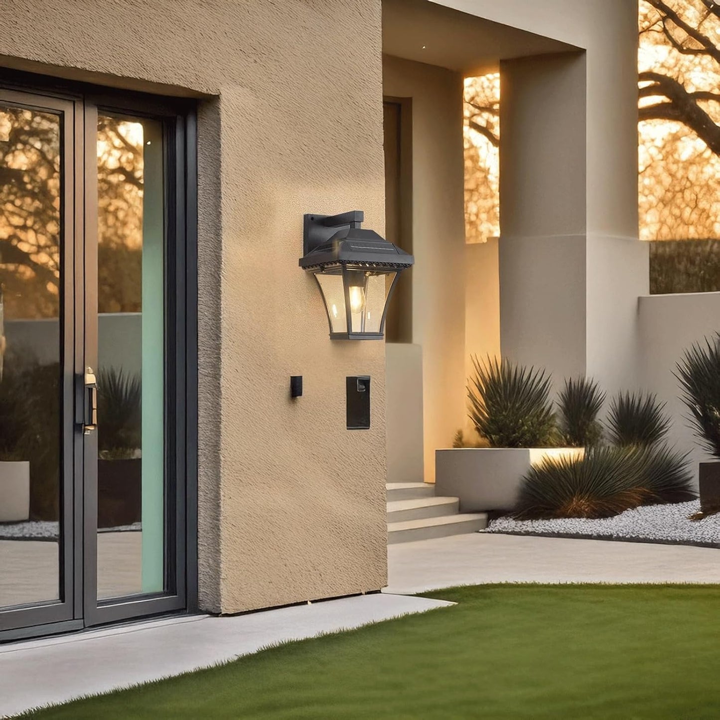 Solar Outdoor Wall Lantern, Exterior Retro Mounted Lamp, Modern Die-cast Aluminum Sconce with Glass Waterproof LED Dusk to Dawn Light Fixture for Porch Patio Garden Yard Garage Entrance