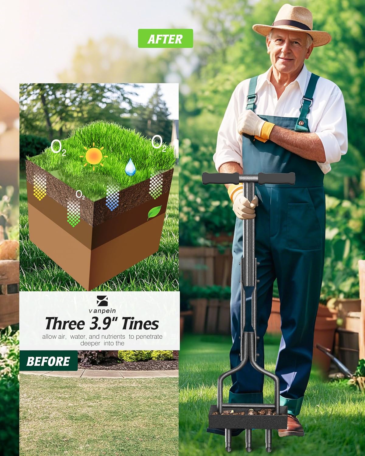 Lawn Aerator Garden Tool with Soil Core Tray, 38” Manual Grass Plug Ae