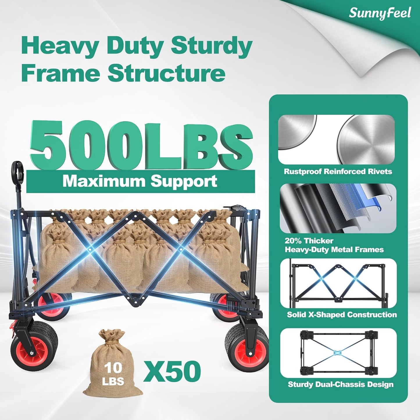 SUNNYFEEL 500 lb Heavy Duty Utility Wagon, Collapsible Outdoor Wagon Cart with Adjustable Handle & Foldable Wheels for Camping, Garden, Shopping (Red, Tall Version)