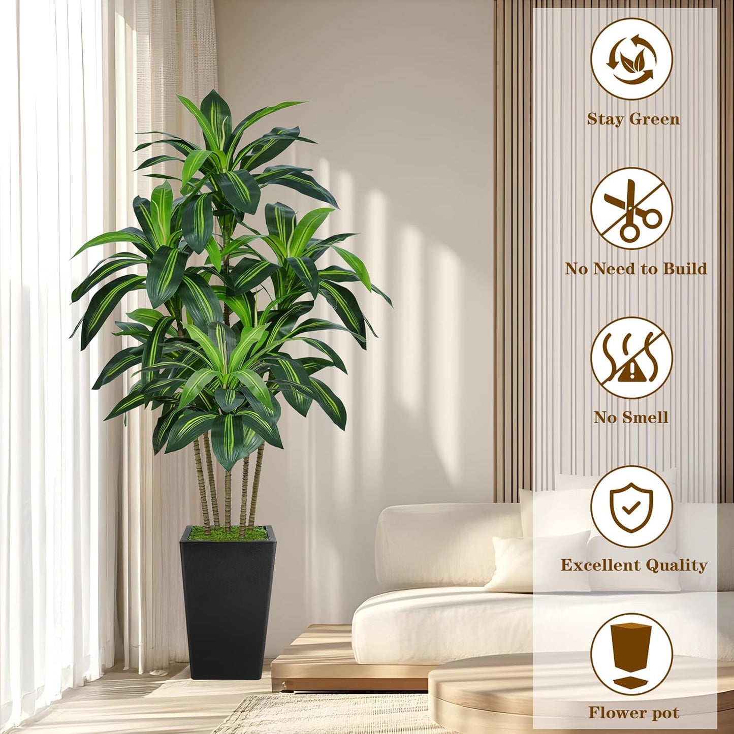 6FT Artificial Dracaena Tree, Fake Tree Indoor with Black Tall Planter,Tall Artificial Plants Indoor,Artificial Silk Tree for Home Office Decor (Black)