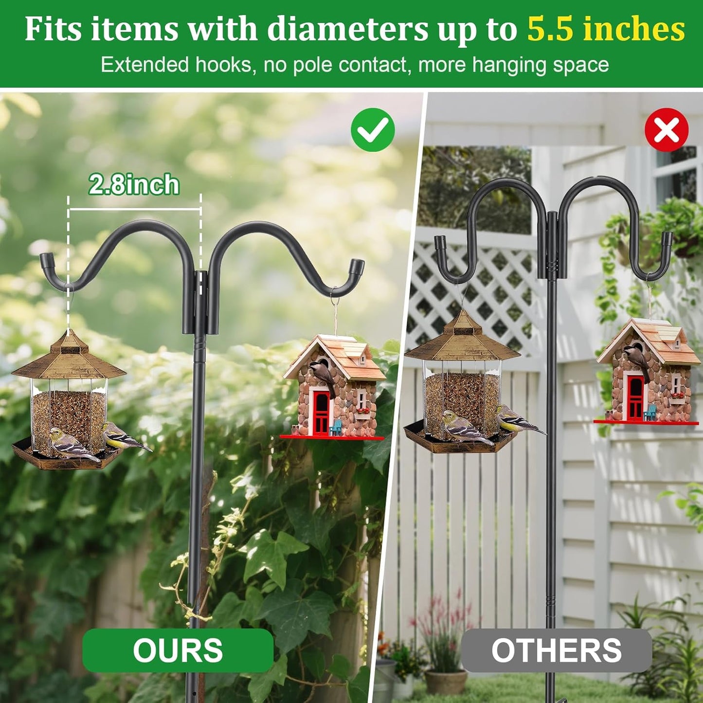 Double Shepherds Hooks for Outdoor, 94 Inch Adjustable Bird Feed Pole with 5 Prongs Base, Heavy Duty Shepherds Hook for Bird Feeder, Bird House, Light Plant, Wind Chime, Hummingbird Feeder, Lantern