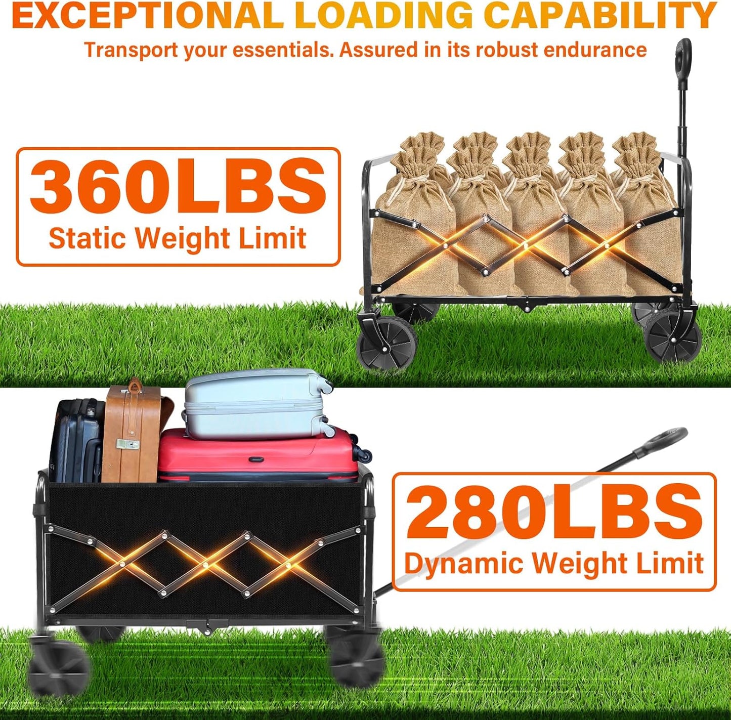 Wagons Carts Foldable, Collapsible Wagon with 360lbs Weight Capacity, Heavy Duty Folding Utility Garden Cart with All-Terrain & Drink Holders for Grocery, Camping, Sports, Shopping and Garden