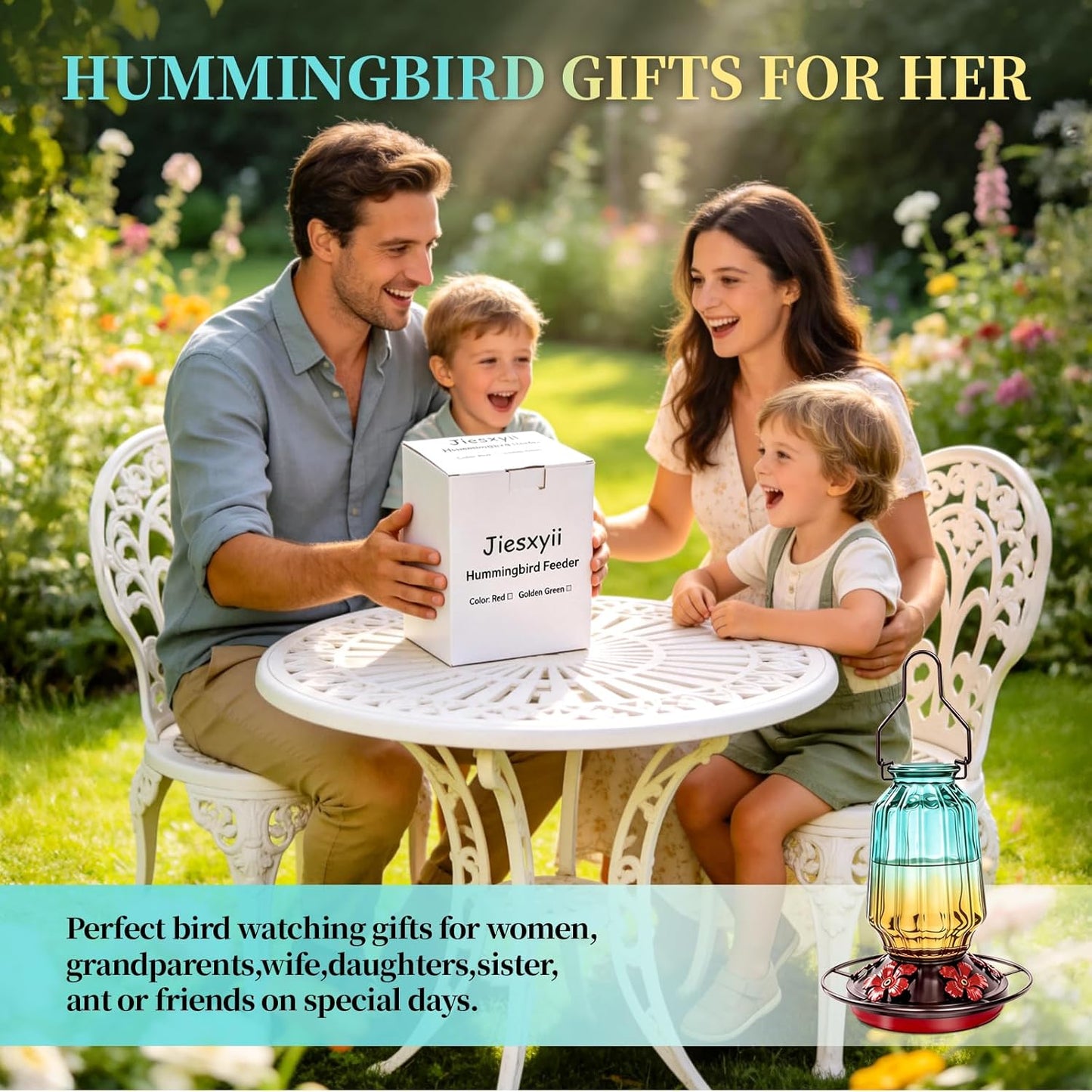 Glass Hummingbird Feeder for Outdoors Hanging, 16Oz Bird Nectar Feeder with Perch & 5 Flower Feeding Ports, Leak Proof for Outside Garden Decor Backyard, Gifts for Women Mom, Green