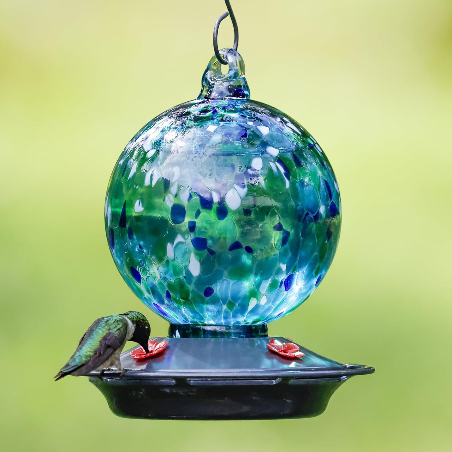 Garden Globe Handblown Recycled Glass Hummingbird Feeder for Outdoor Décor, 19 Ounce Capacity Nectar Feeder, 4 Removable Easy Clean Ports, Blue
