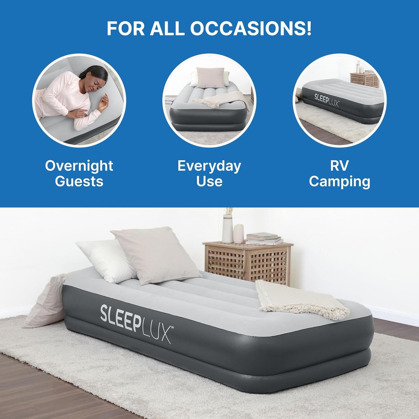 SleepLux 트윈 에어 매트리스 내장 AC 펌프, 높이 38.1cm(15인치) 팽창식 에어베드, 내장 베개 및 USB 충전 포트 포함, 뛰어난 등 및 어깨 지지력, 내구성 있는 트라이테크 소재, 멀티