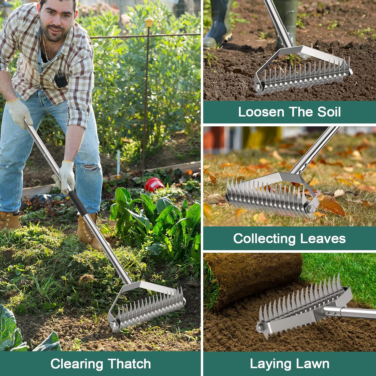 Dethatching Rake, 15.6" Thatch Rake for Lawns, Heavy-Duty Stainless St