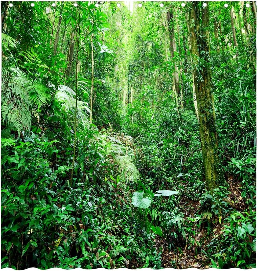 Rainforest Landscape Shower Curtains Green Leaves Plant Tree Original Forest Scenery Outdoor Nature View Bathroom Decor Polyester Fabric Curtain Sets 70x70 Inch with Hook
