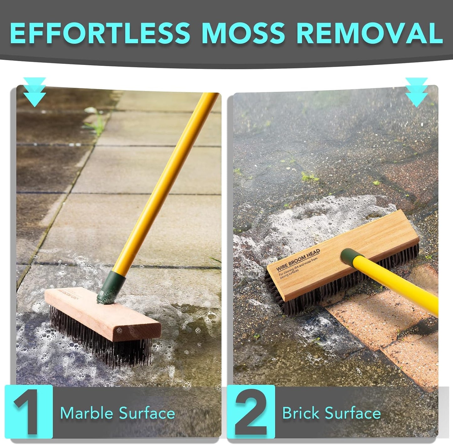 3-in-1 Wire Broom & Garden Brush Set – Adjustable 81-140cm Telescopic Handle with Nylon, Wire, and Gap Brushes for Weeding, Moss & Algae Removal, Patio Cleaning, Outdoor Scrubbing