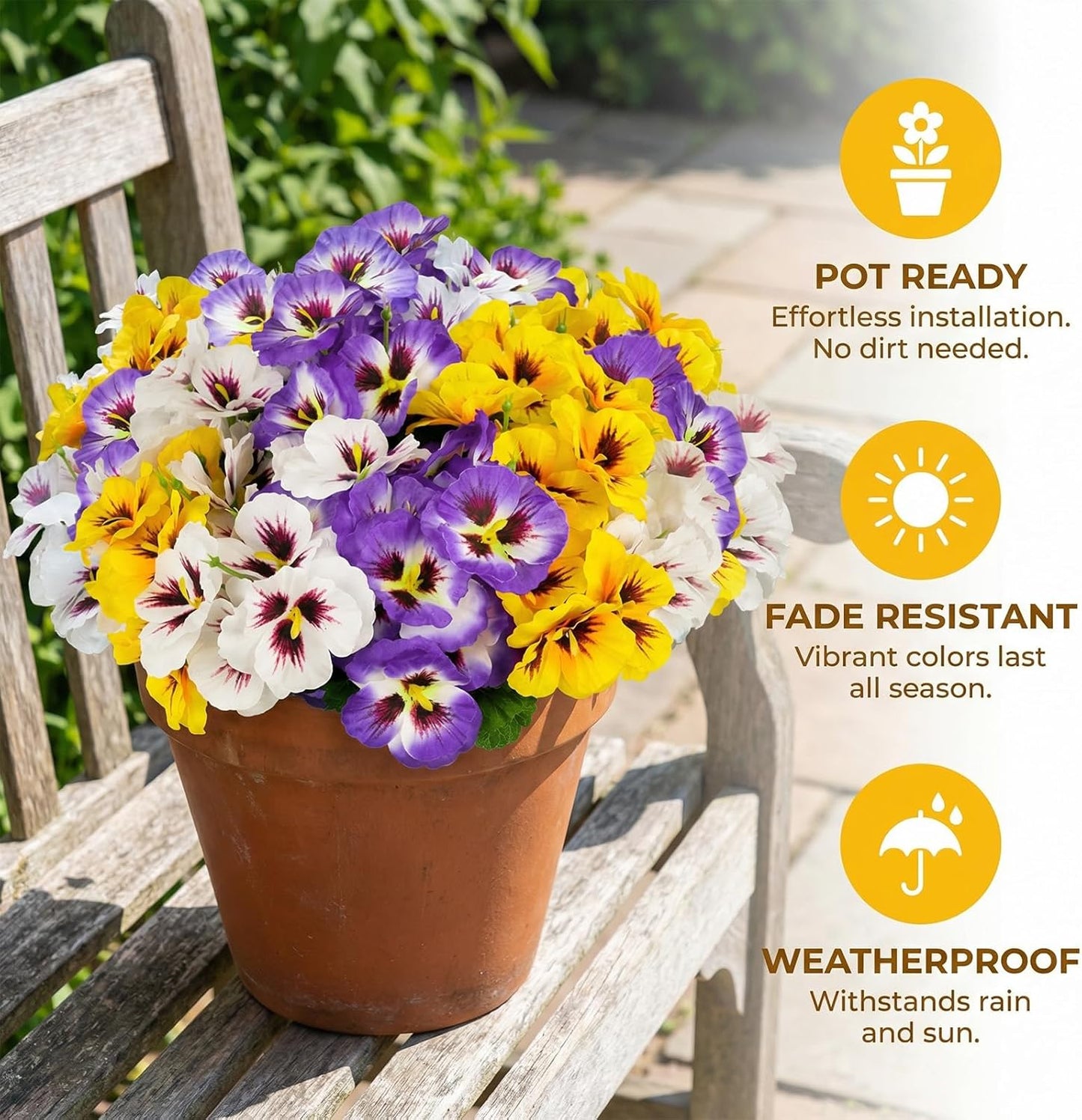 Artificial Flowers for Outdoor, 9 Bundles Silk Faux Pansies Fowers,UV Resistant Fake Pansy Flowers for Outdoor Planters Home Garden Office Patio Front (Yellow/Purple/White)