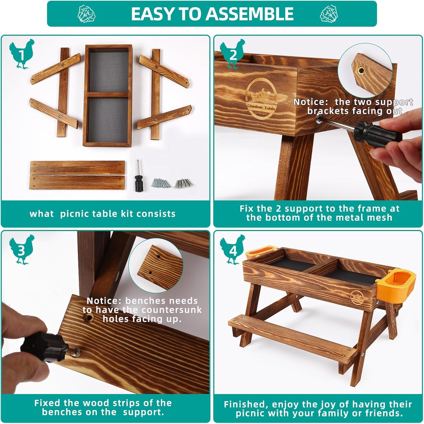 Chicken Picnic Table, Chicken Feeder No Waste Handmade Carbonized Wooden, Large DIY Chicken Feeder Kit, Wild Bird, Duck & Squirrel Feeders, Mesh Bottom Keep Food Fresh and Dry Easy to Clean and Fill