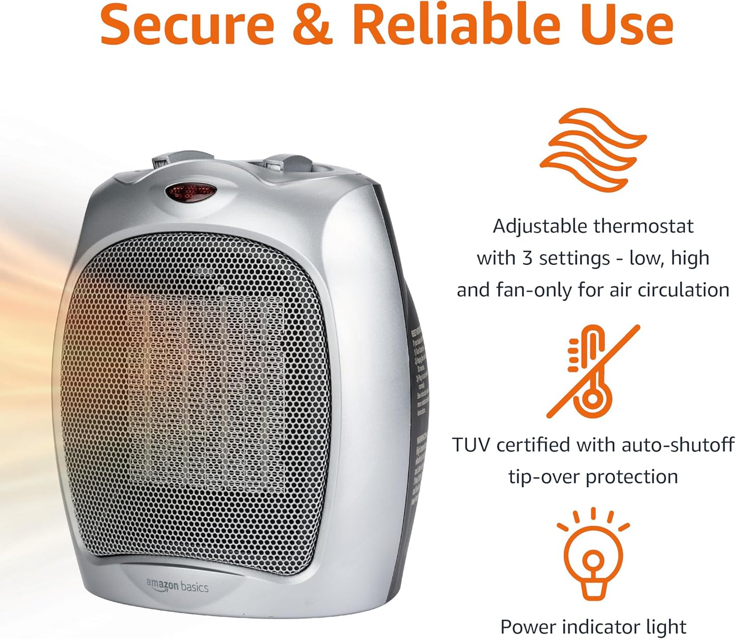 Amazon Basics Ceramic Space Heater, Portable Indoor Heating Solution, With Overheat and Tip-Over Protection, Thermostat, Non-Oscillating, 1500W, Fast Heating, 7.52"D x 6.34"W x 9.45"H, Silver
