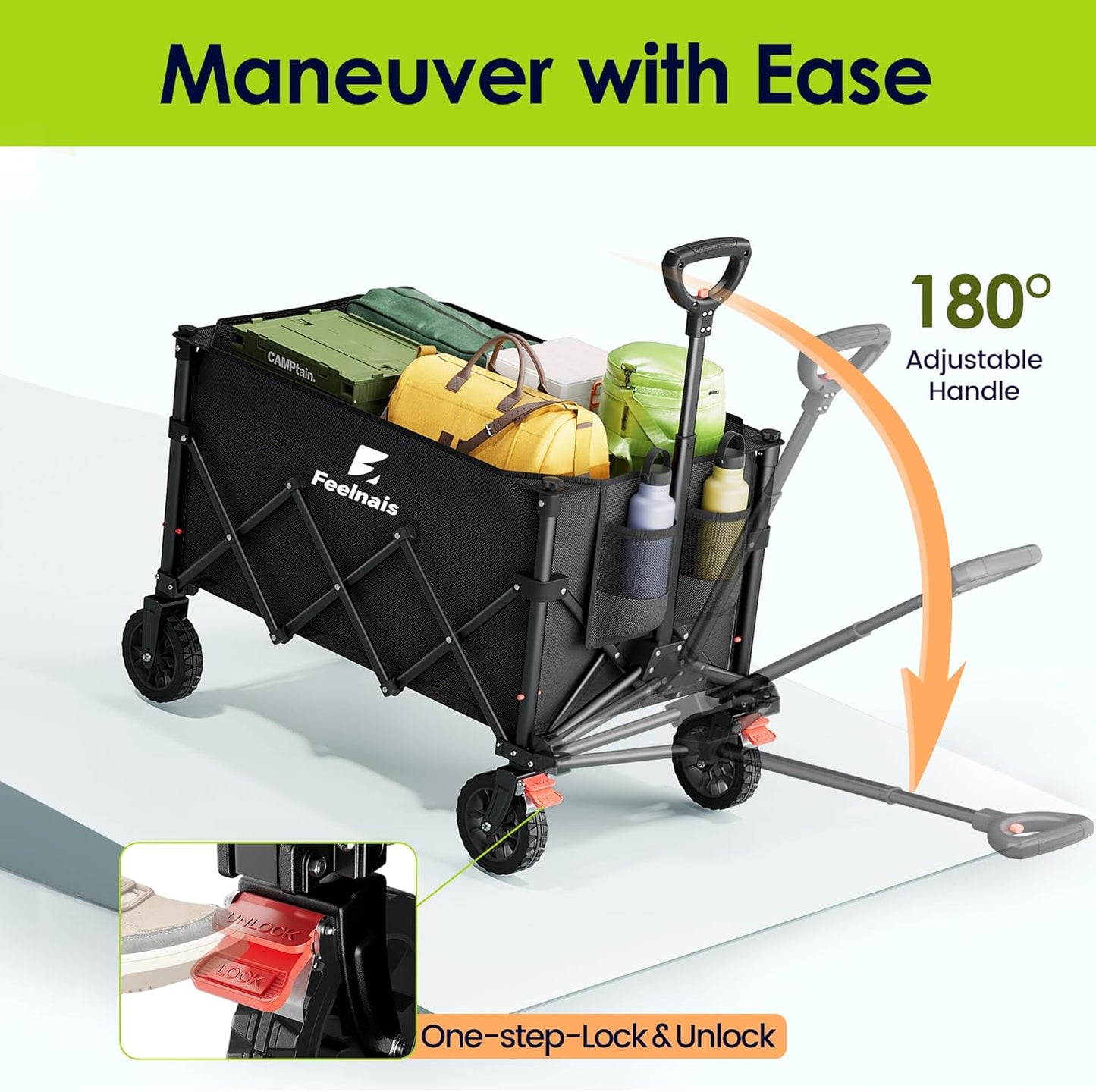 Collapsible Wagon with Wheels, Feelnais Folding Wagon Cart with Adjustable Handle, 135L Portable Utility Wagon for Grocery Garden Shopping Camping Sports Beach