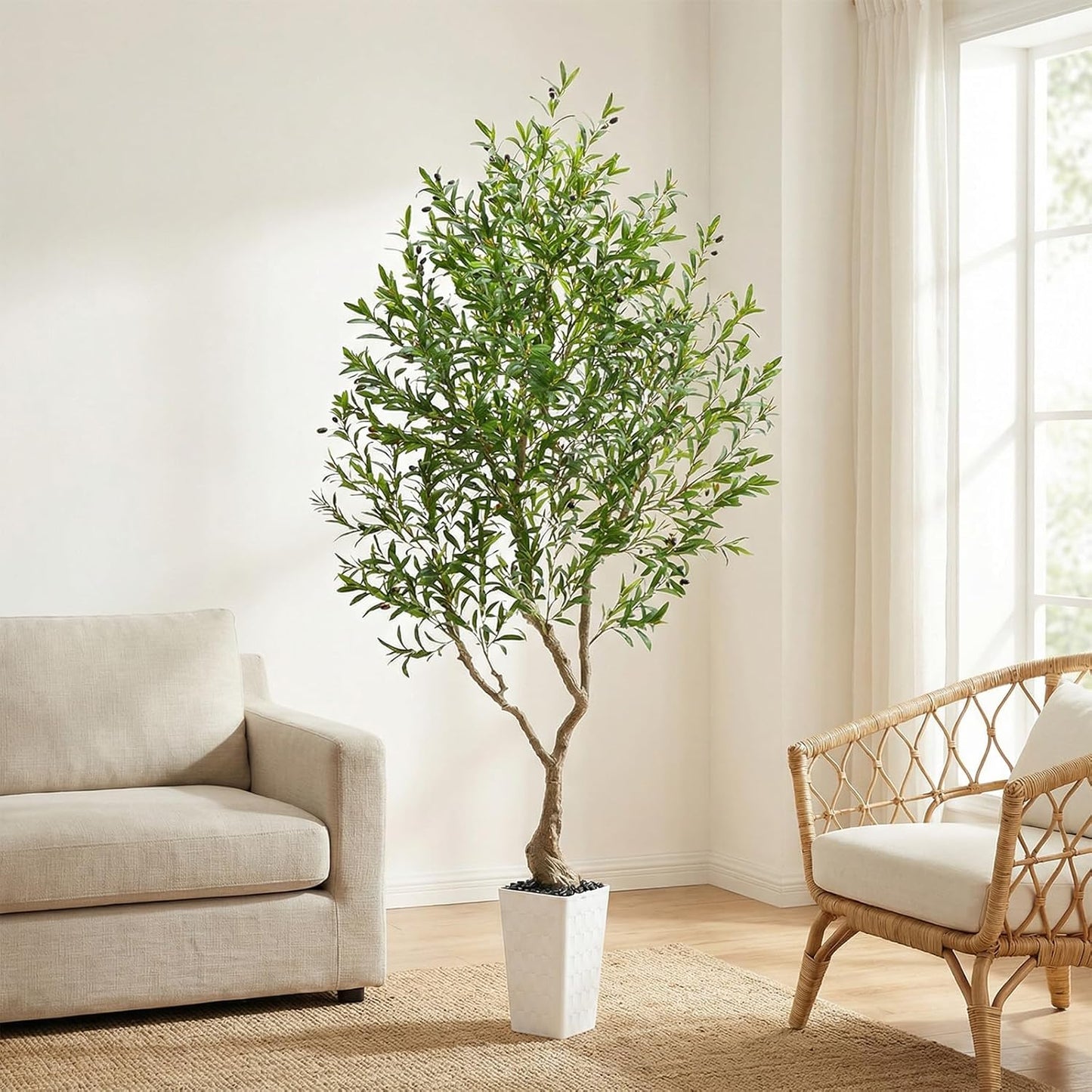 Artificial Olive Tree, 8FT Tall Faux Olive Trees with White Tall Planter & Pebbles, Fake Silk Plant with Natural Trunk & Lifelike Fruits, Fake Tree for Home Office Living Room Indoor Outdoor Decor