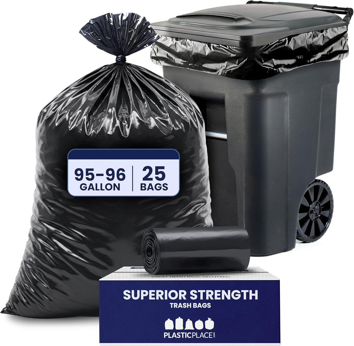 Plasticplace 95-96 Gallon Garbage Can Liners Heavy Duty 1.5 Mil Black Trash Bags Tear-Resistant Outdoor Garbage Bags for Rollaway Bins Large 61" x 68" Industrial-Strength Waste Bags (25 Count)