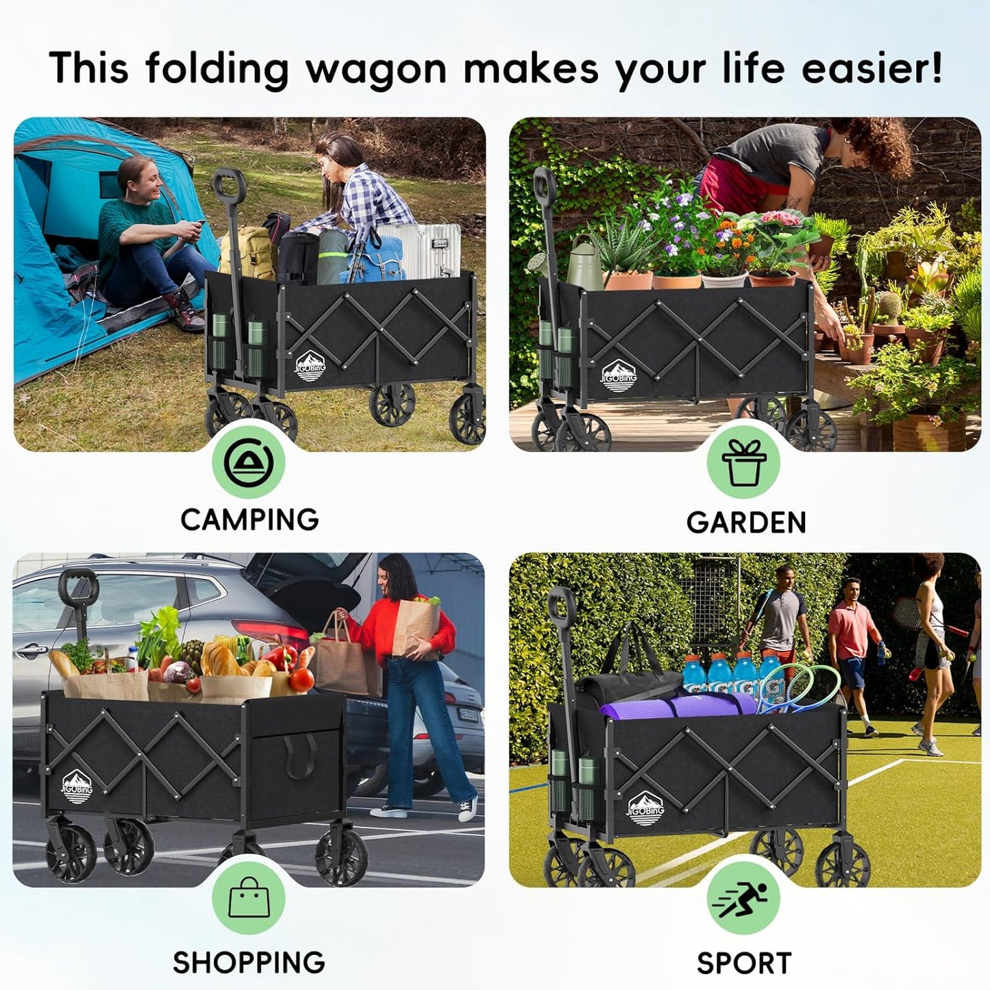 Collapsible Wagon, Portable Folding Wagons Carts with Wheels Foldable, 360lbs Heavy Duty Utility Cart with Cup Holders for Beach Grocery Camping Garden