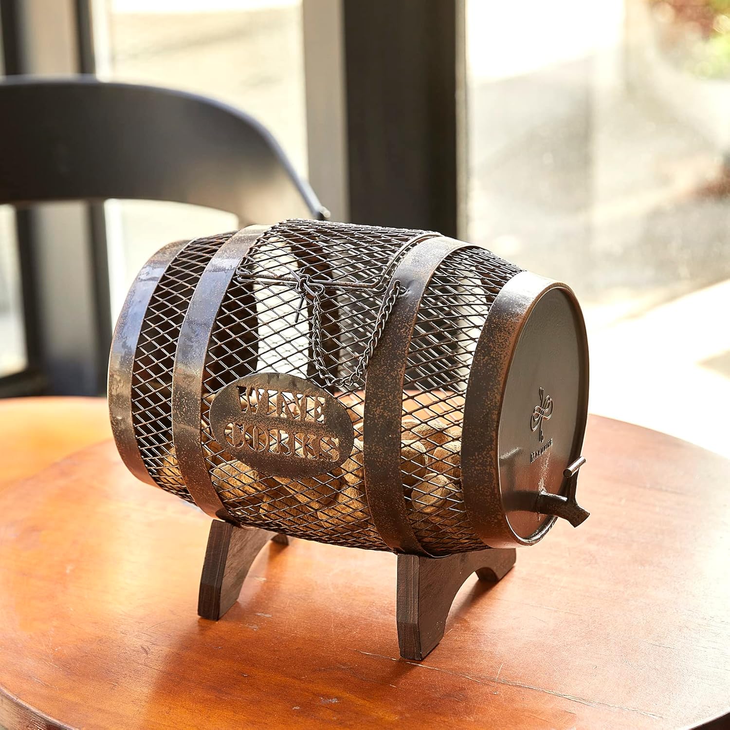 Rustic Metal Large Barrel Wine Cork Holder Display On Wooden Stand, Co