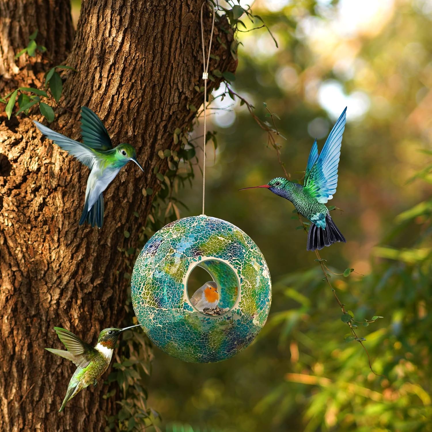 Mosaic Bird Feeder - Outdoor Fly Through Wild Hanging Bird Feeders wit