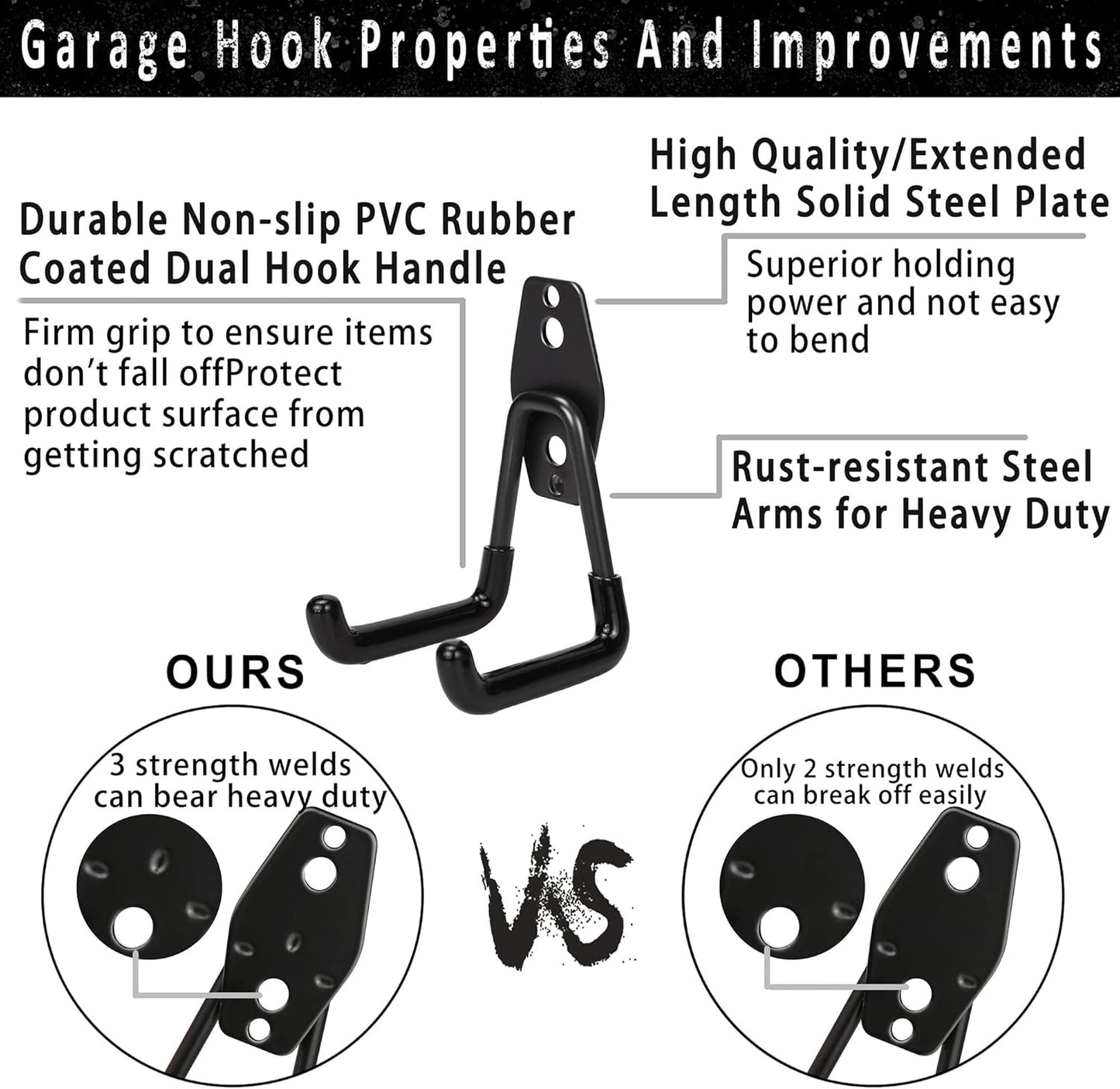 Steel Garage Storage Hooks - 16 Pack Anti-Slip Coating, Heavy Duty Wall Mount Hooks for Hanging Bike, Ladder, Garden Tools