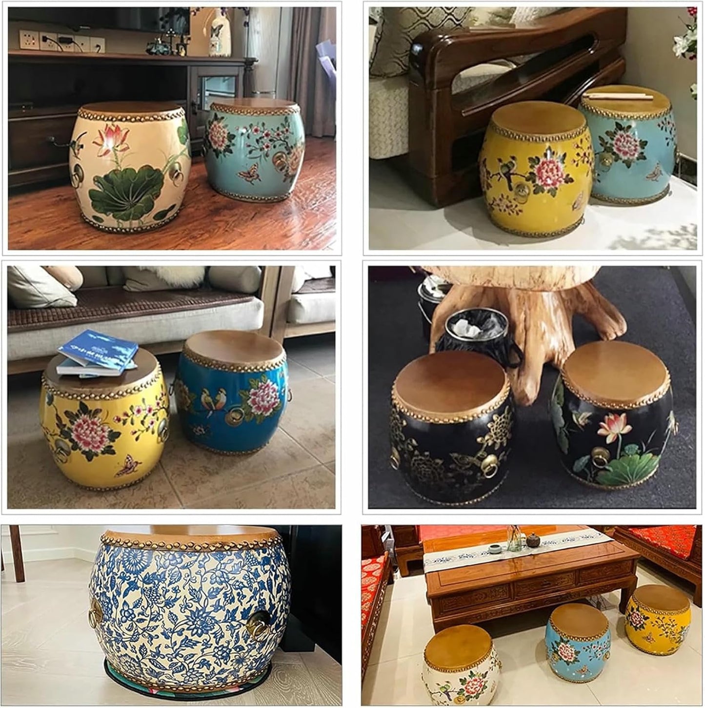 Wood Chinese Drum Stool,Decorative Ceramic Garden Stool Glazed Hand-Painted,Outdoor Side Table,Plant Stand for Living Room, Balcony & Garden