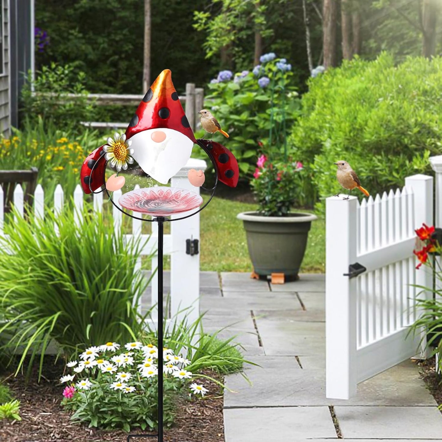 MUMTOP Glass Bird Baths for Outdoors, 32 Inch Height Small Garden Gnome Birdbath Bird Feeders Unique Metal Ladybug Gnomes Decorative for Outdoor Outside Yard Lawn, Red