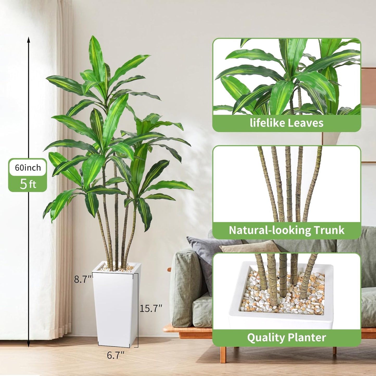 Artificial Dracaena Tree 5FT-Faux Tree with White Tall Planter Indoor Decor-Fake Yucca Palm Tree in Pot-Artificial Silk Tree for Home Office Decor Perfect Housewarming Gift