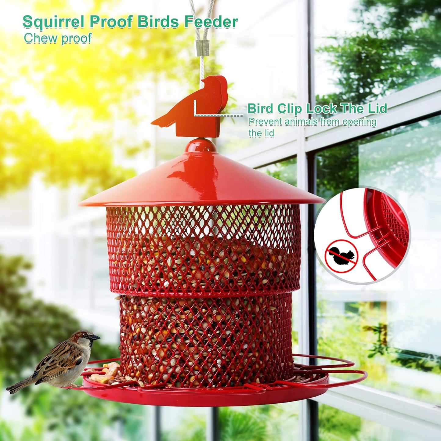 Metal Bird Feeders for Outdoor Hanging,Large Cardinal Bird Feeders Squirrel Proof Mesh Tube Wild Bird Feeder,Finch Seed Feeder with 4lbs Capacity for Chickadee Blue Jay(Red)
