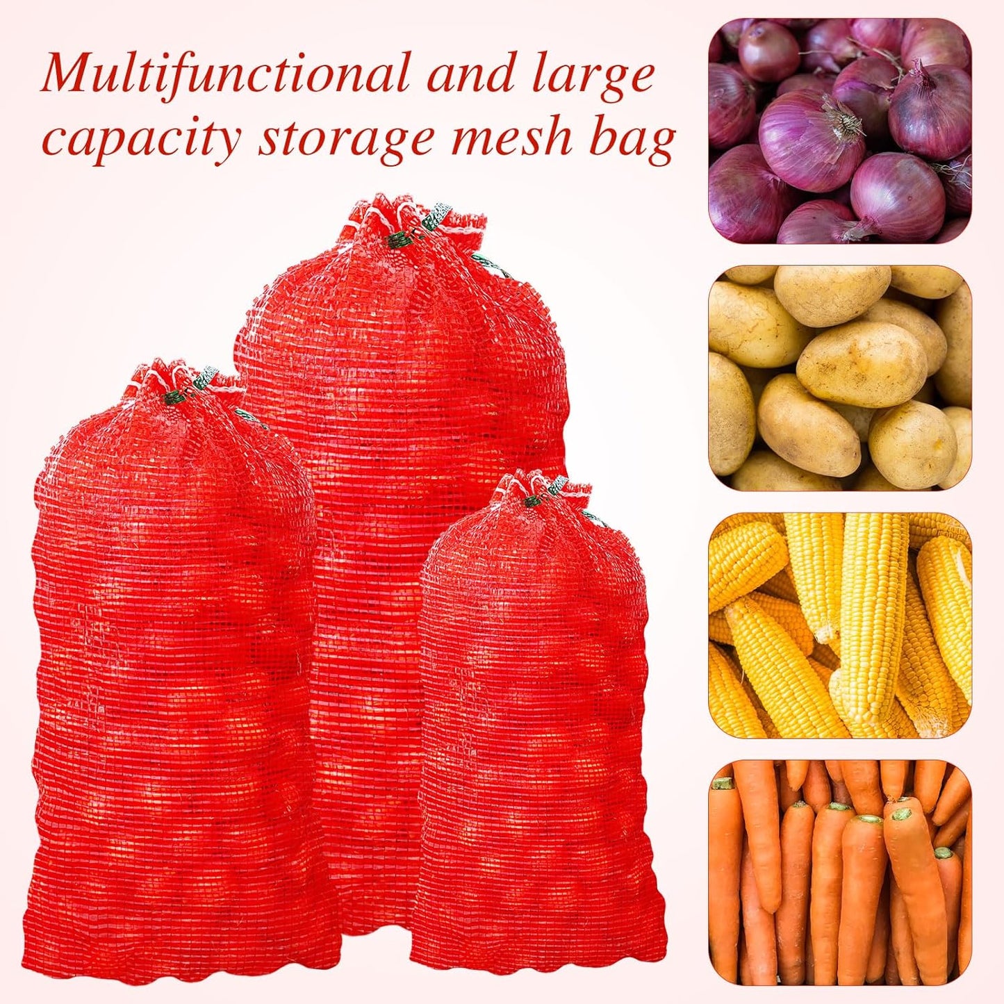 SATINIOR 60 Pcs Mesh Onion Bags Onion Vegetable Storage Bags 32'' x 20'', 24'' x 14', ' 18'' x 11'' Fresh Produce Storage Bags Garden Vegetable Fruit Produce Storage Supplies