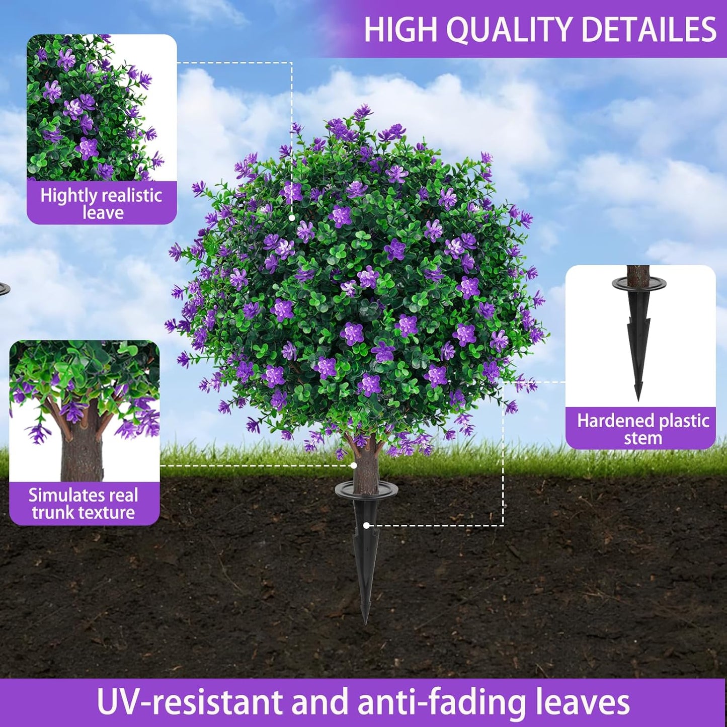 Artificial Purple Flower Topiary Ball Trees with Ground Spike, Set of 2 UV Resistant Artificial Shrubs, Fake Evergreen Artificial Plant Bushes for Indoor Outdoor Front Porch Garden
