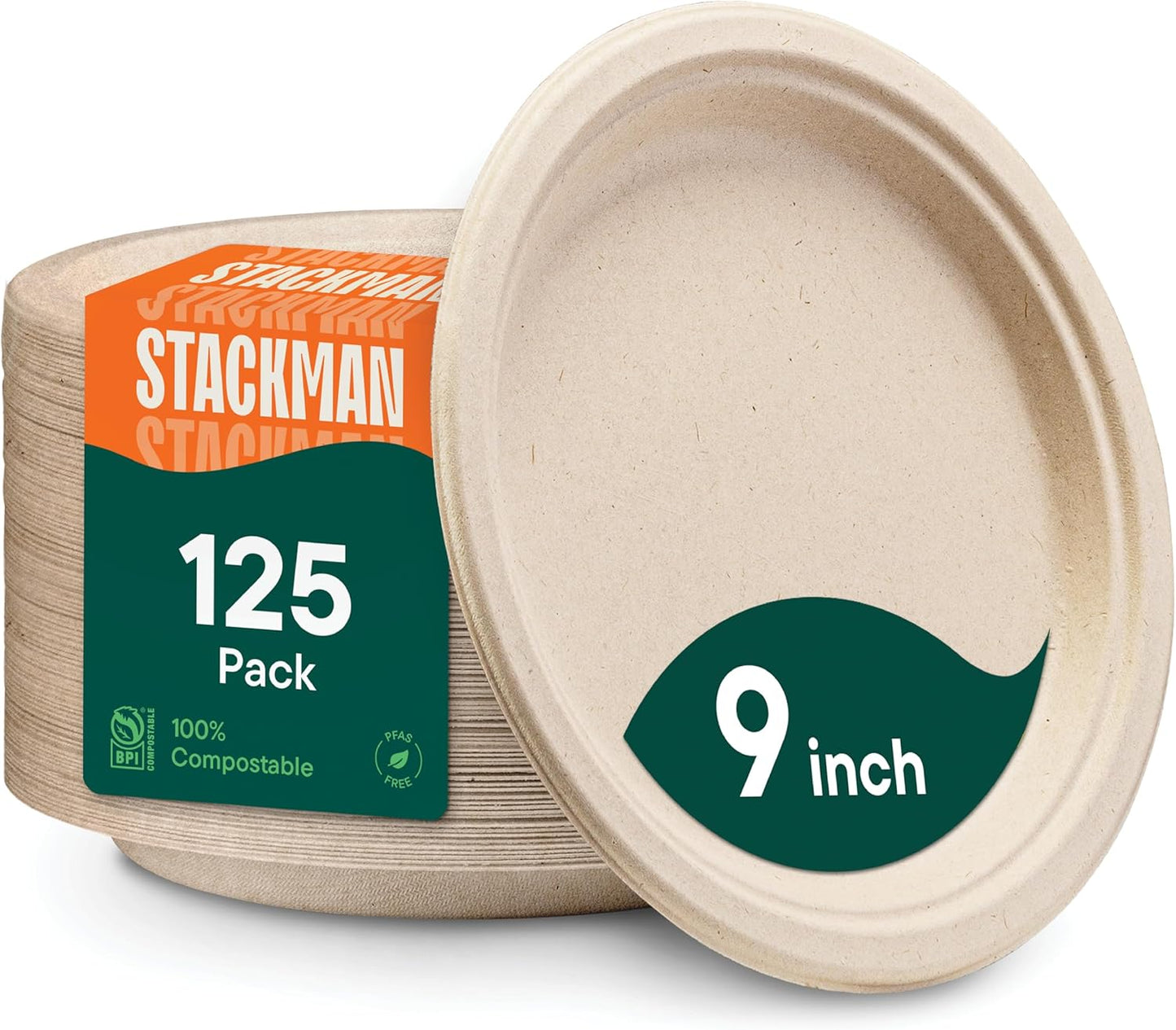 100% Compostable Paper Plates, Heavy Duty Disposable Plates [125-Pack]