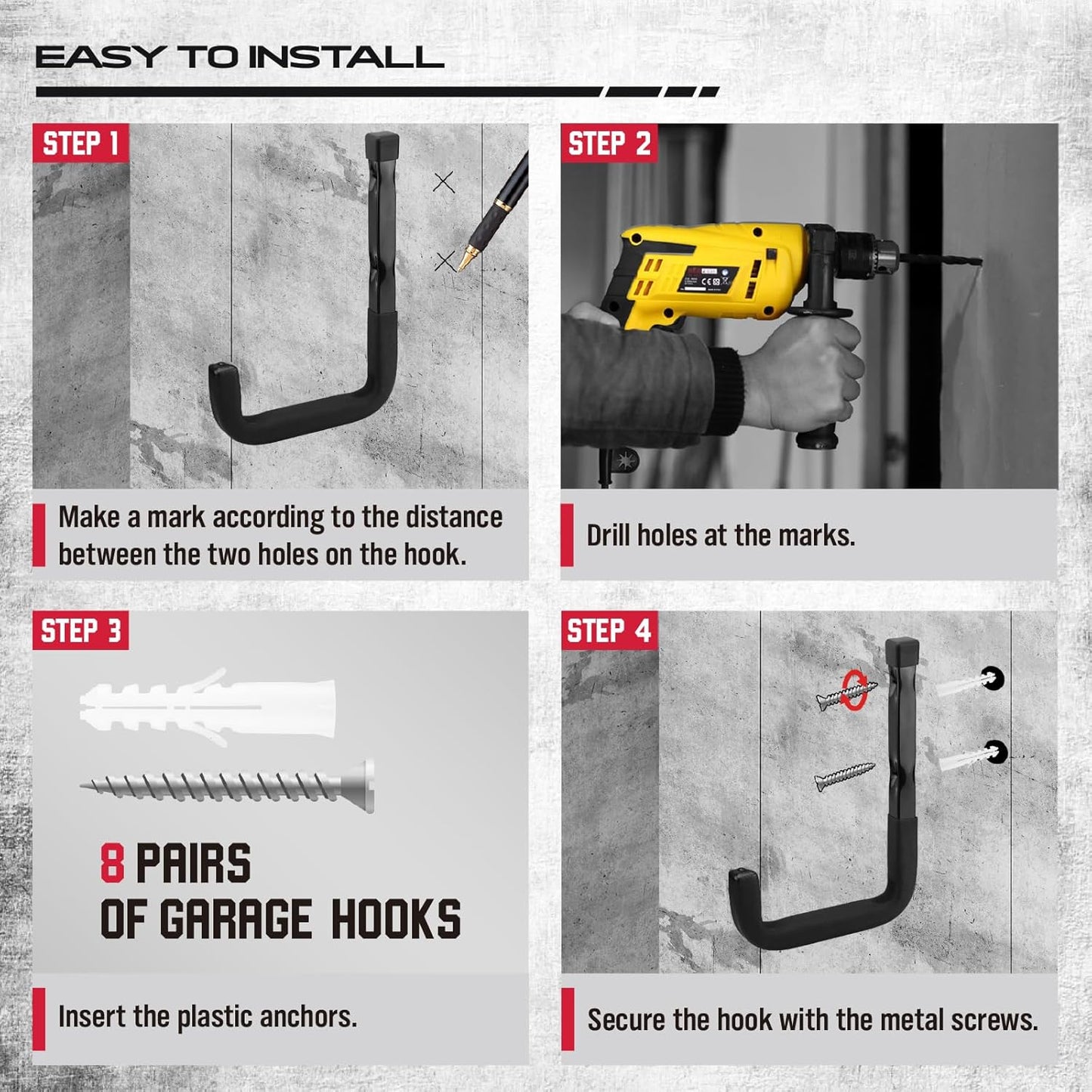 SEDY Heavy Duty Garage Storage Hook: 4-Piece 6" Wall Mount J Utility Hooks Holds 88 LB, Large Metal Garage Storage Ladders Hook, Utility Hooks for Bikes, Garden Tools