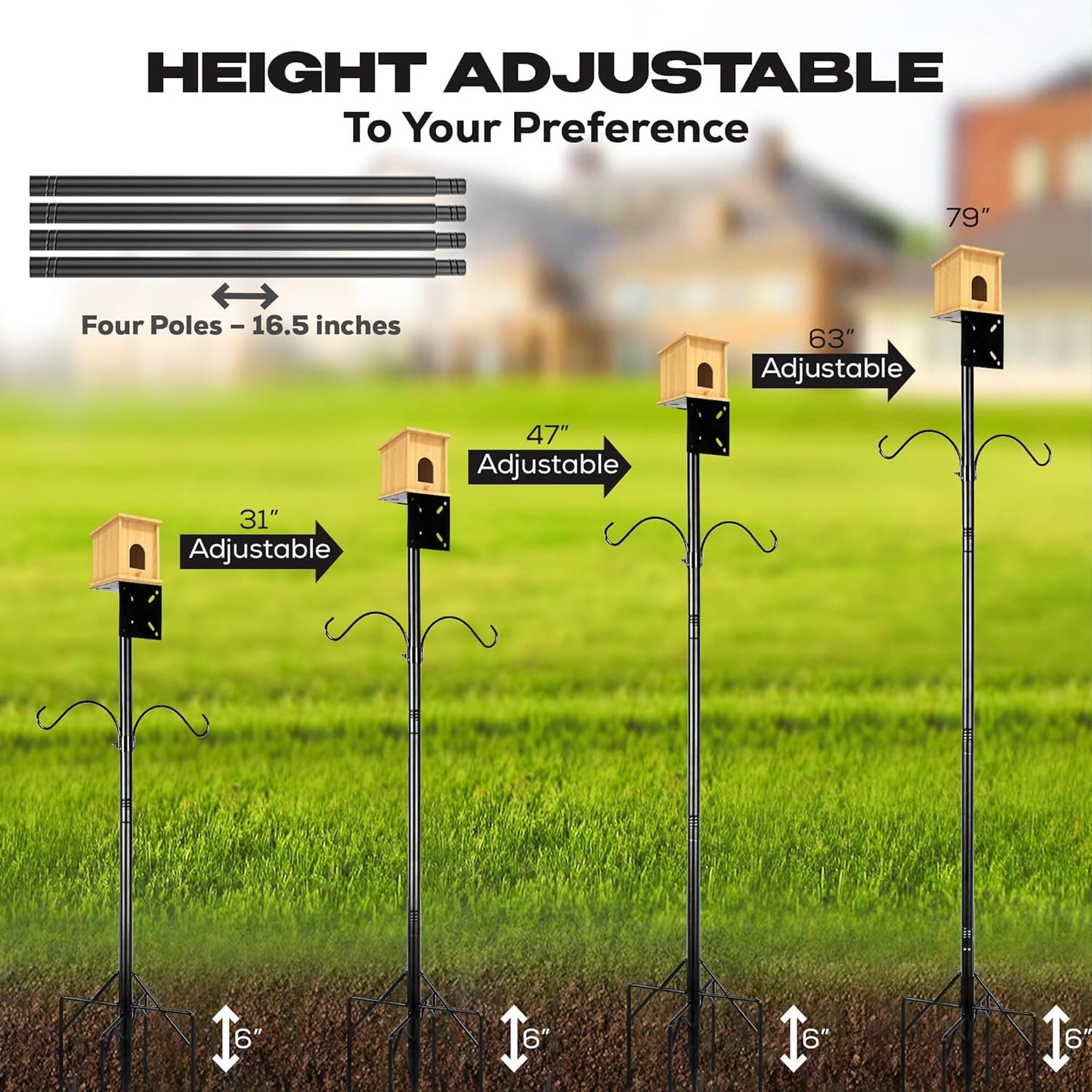 79 Inch Adjustable Bird Feeder Pole for Outdoors Heavy Duty | Bird House Pole | Bird Feeder Stand with Mounting Bracket and Shepherd's Hooks | Mounting Pole for Smart Bird Feeder