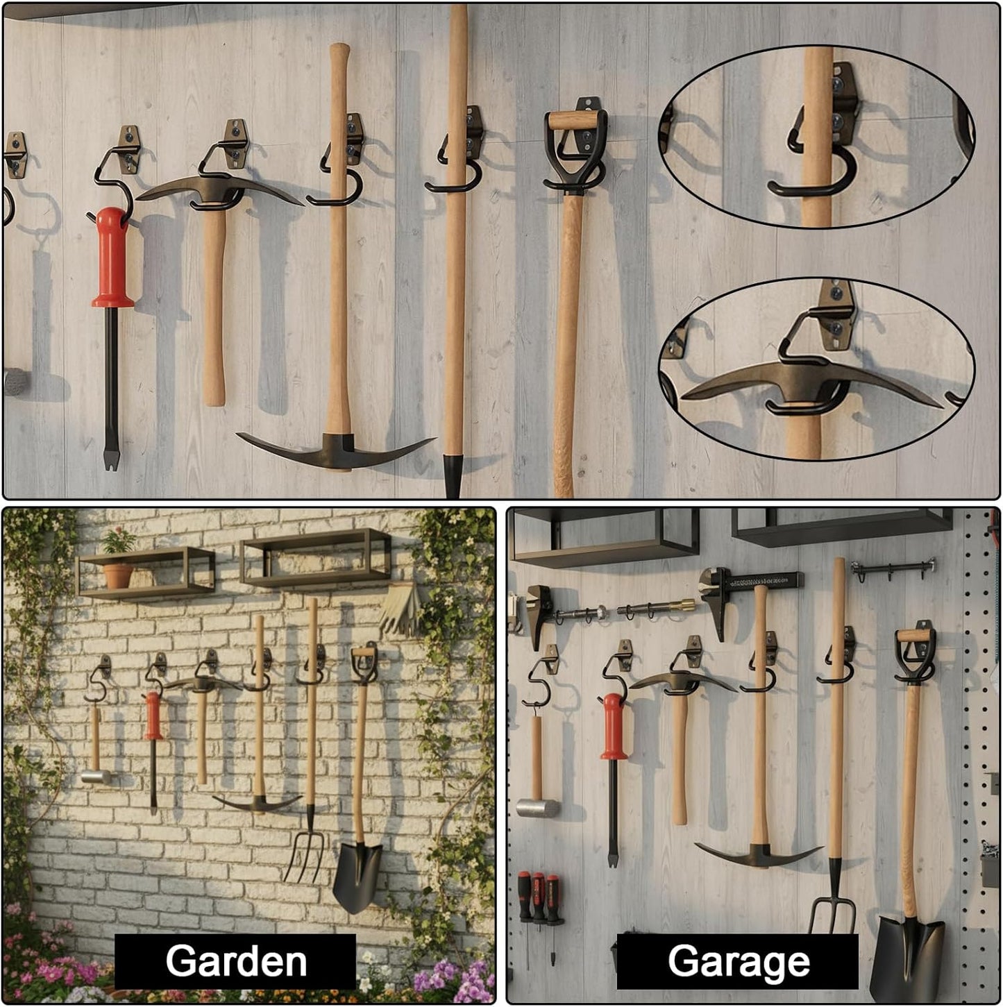 18 Pack Broom Holder Wall Mount - Tool Hangers Garage Wall Hanging Organizer - Heavy Duty Metal Large S Hooks for Mop Shovel Rake Shed Garden Lawn Yard Handle Tools Organization (Black)