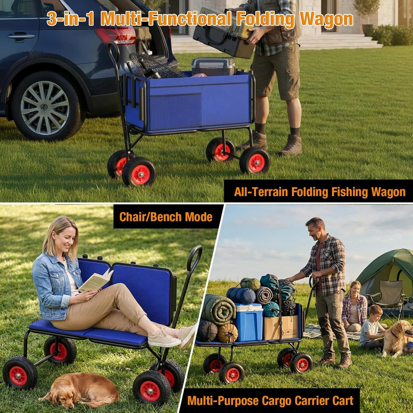 3 in 1 Beach Fishing Cart, Heavy Duty Garden Carts w/All Terrain Inflatable Tires, Folding Wagon Cart, Convert to Chair or Bench with Cushion, Rod Holders and Durable Oxford Bag