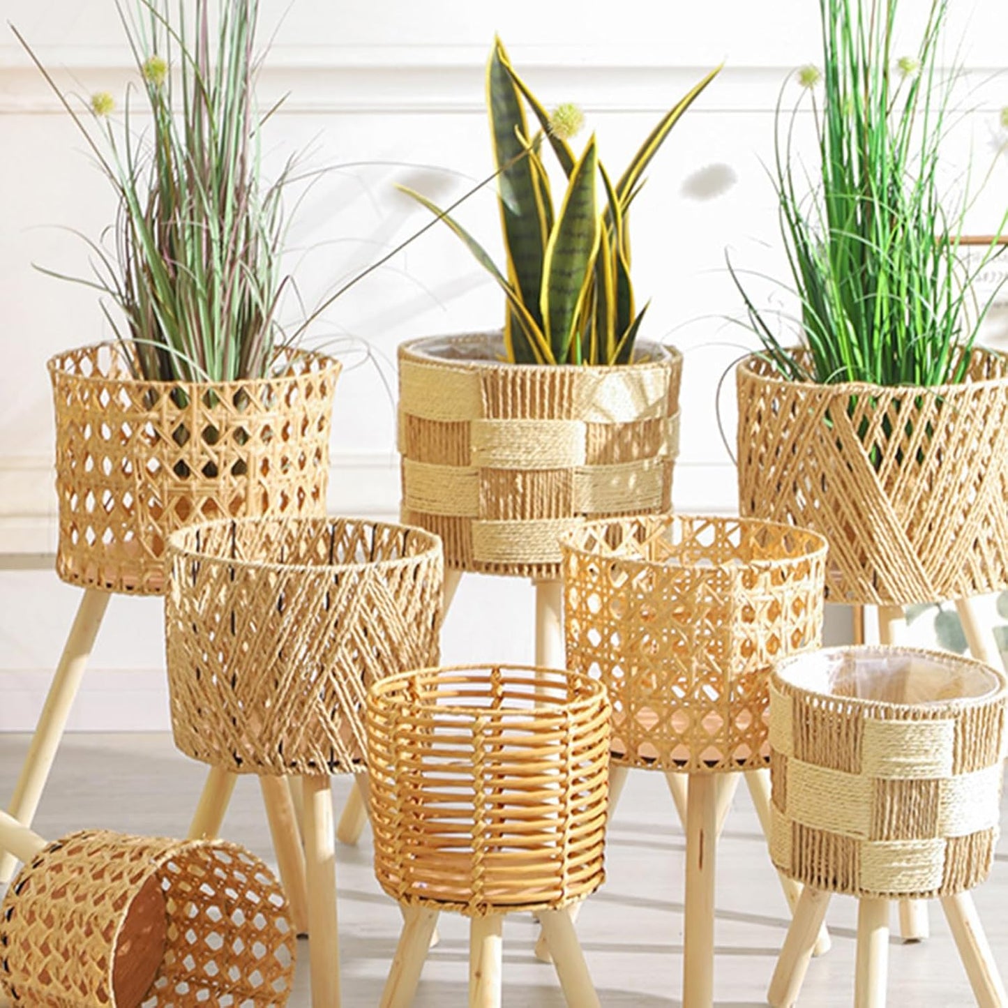 Rattans Handwoven Flowerpots Plant Basket Planter With Wood Stand Rack Indoor Outdoor Garden Storage Container Home Decors