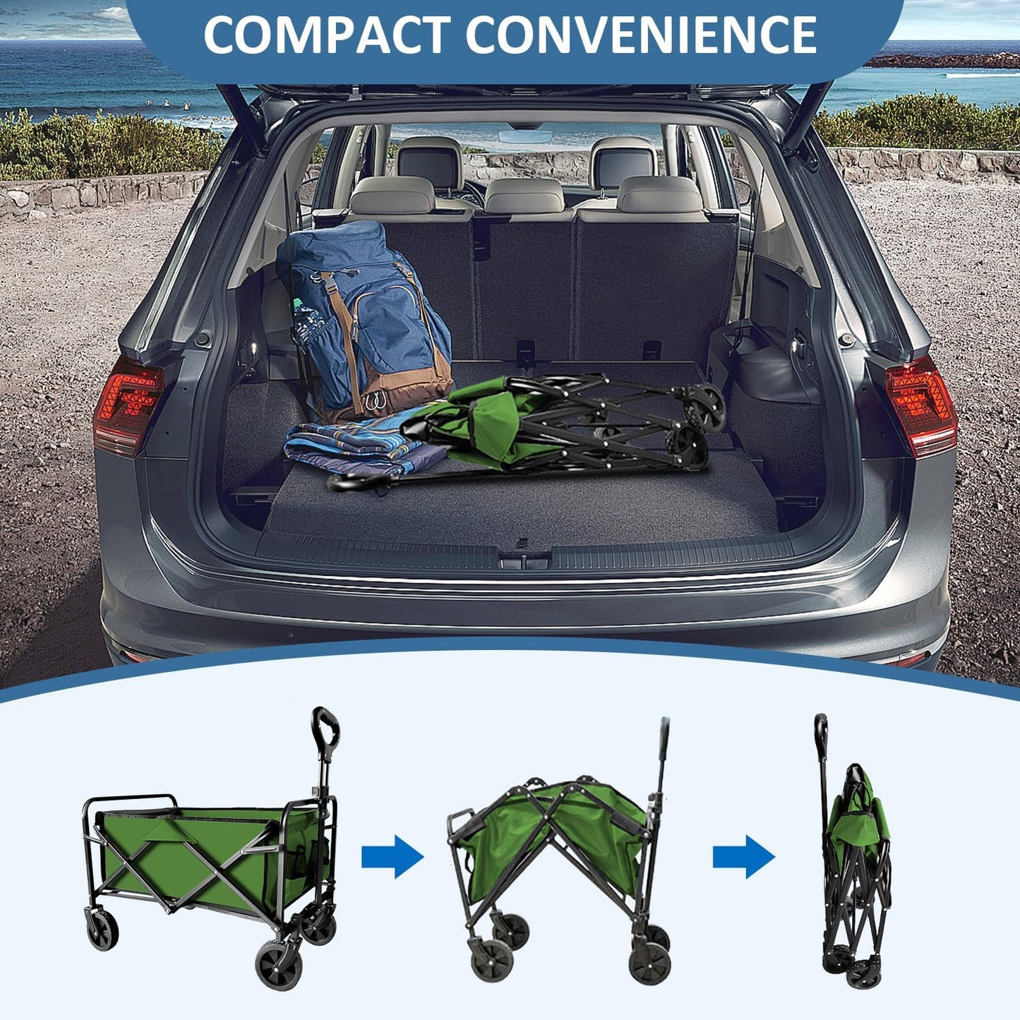 Collapsible Utility Cart Folding Wagon, 320lbs Capacity Lightweight Rolling Cart with Quiet Wheels, Quick-Fold Design for Camping, Shopping, Ourdoor Use, Green