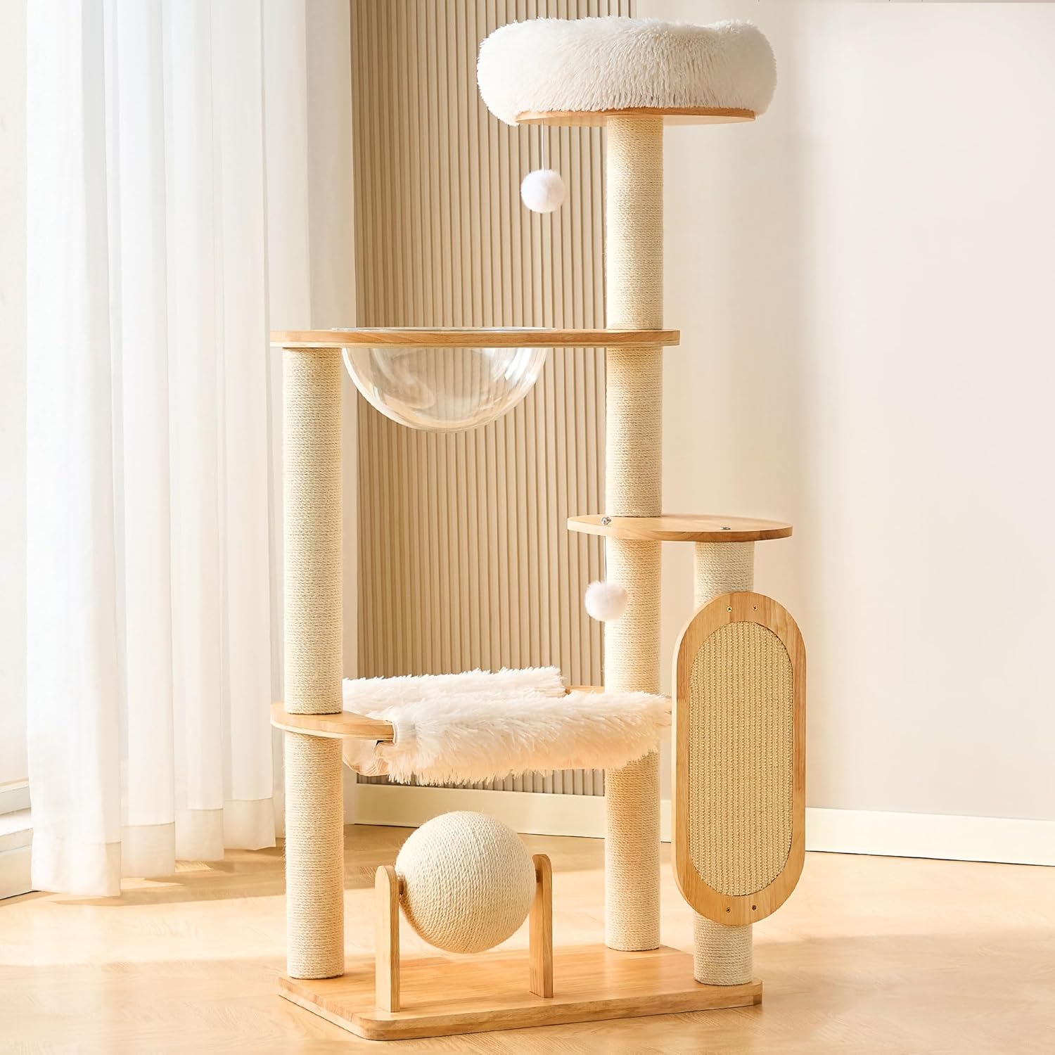 HITTITE Solid Wood Cat Tree Tower with Scratching Post, 53 Inches Tall