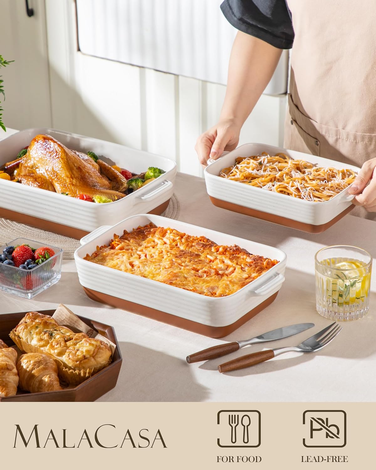 MALACASA Casserole Dishes for Oven, Ceramic Baking Dishes Set of 3, Ba