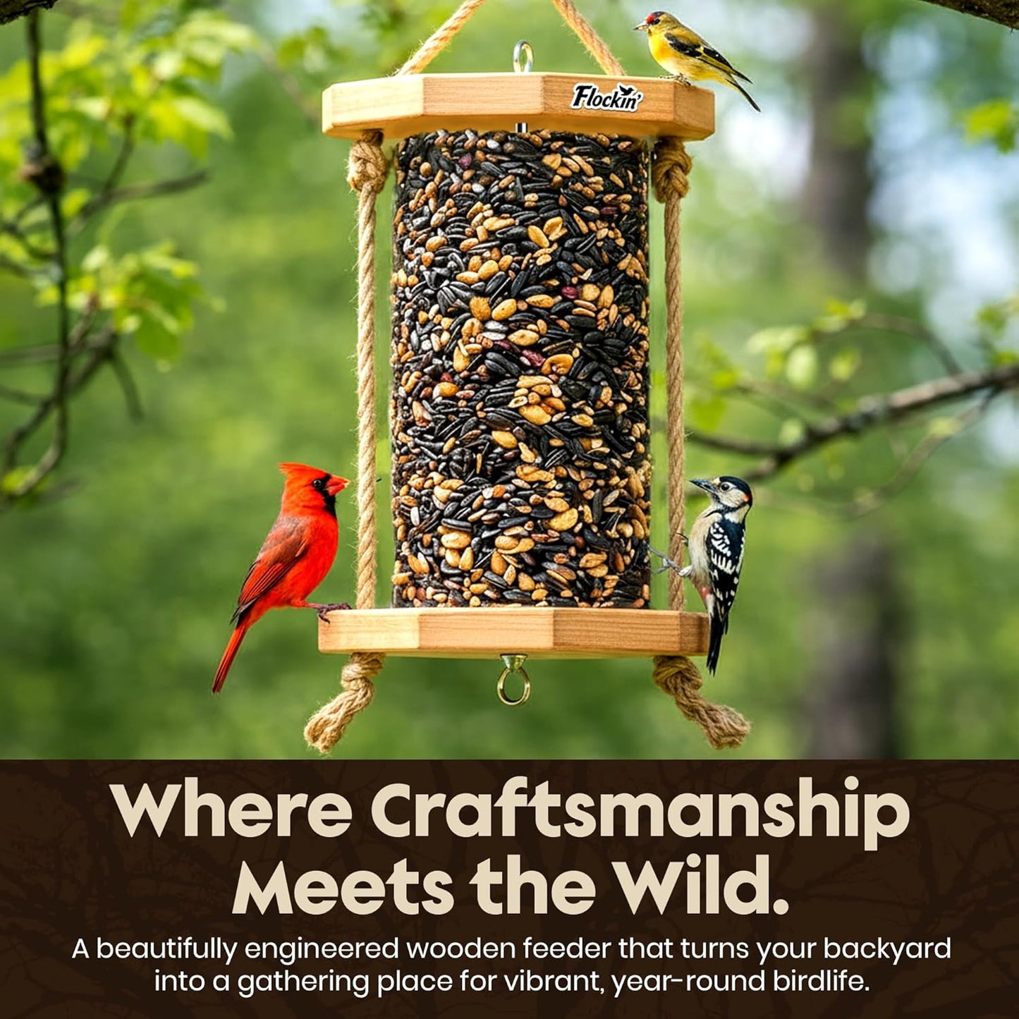 Cylinder Bird Feeders for Outdoors - Weather Resistant Wood Cylinder Feeder with a Bird Safe Protective Clear Finish - Holds Bird Seed Cylinders with Hole, Logs, & Birdseed Cakes