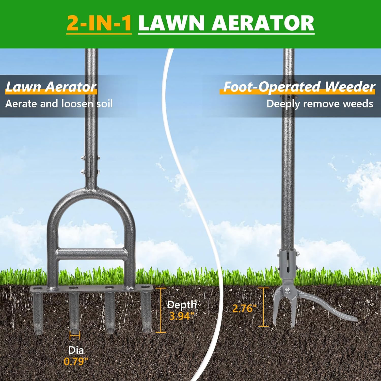 2-in-1 Lawn Aerator Tool - Adjustable Height with 4 Hollow Aeration Ti