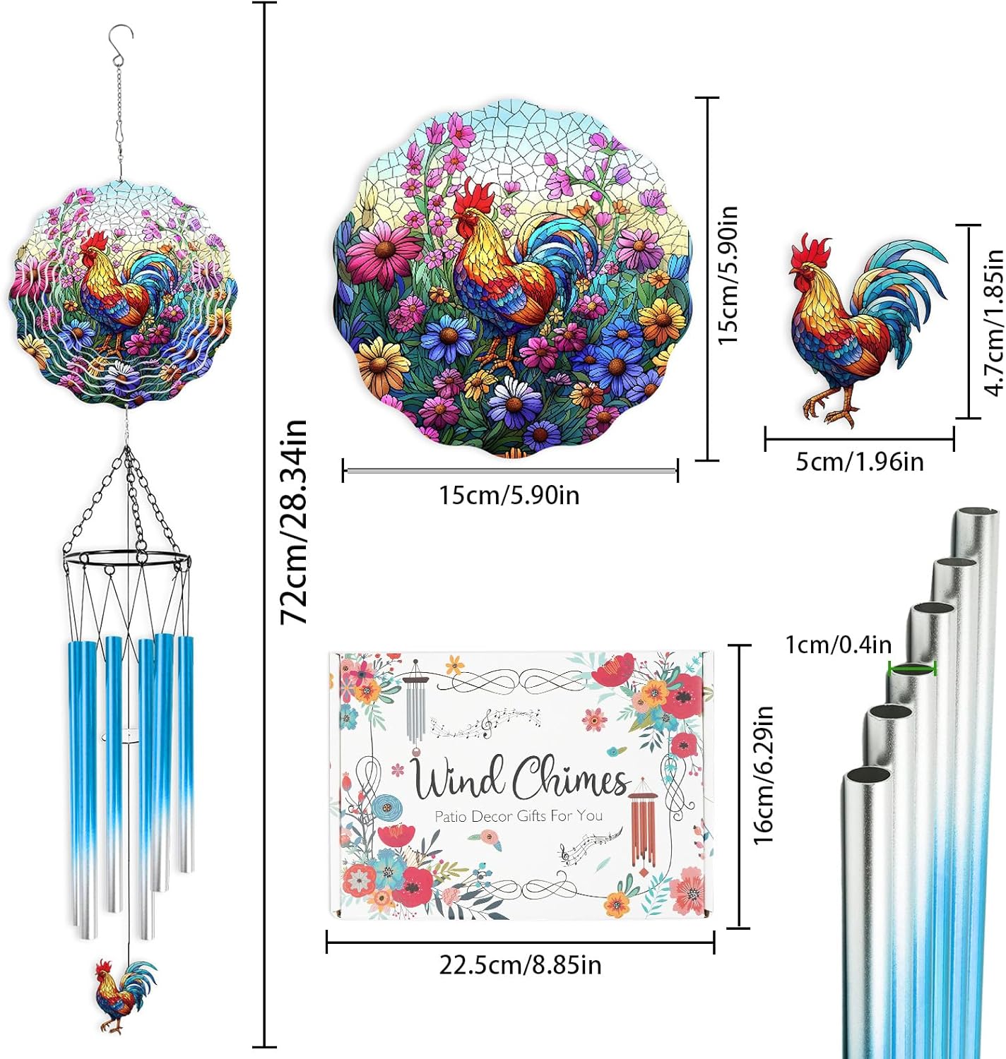 Rooster Hanging Wind Chime for Outside - Stainless Steel Wind Sculptur