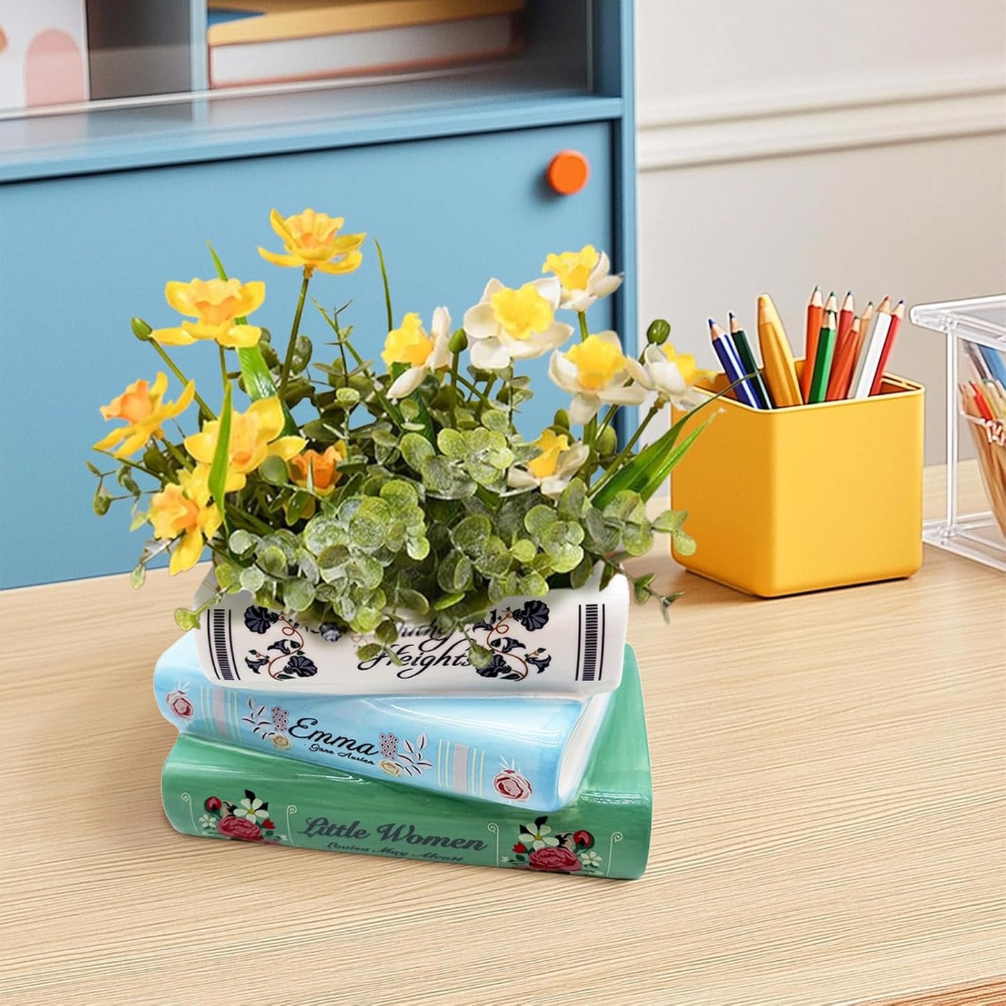 Book-Shaped Decorative Planter - Ceramic Book Vase for Flowers, Book Planter & Stacked Book Shaped Vase for Home, Office, Bookshelf for Book Lover Decor