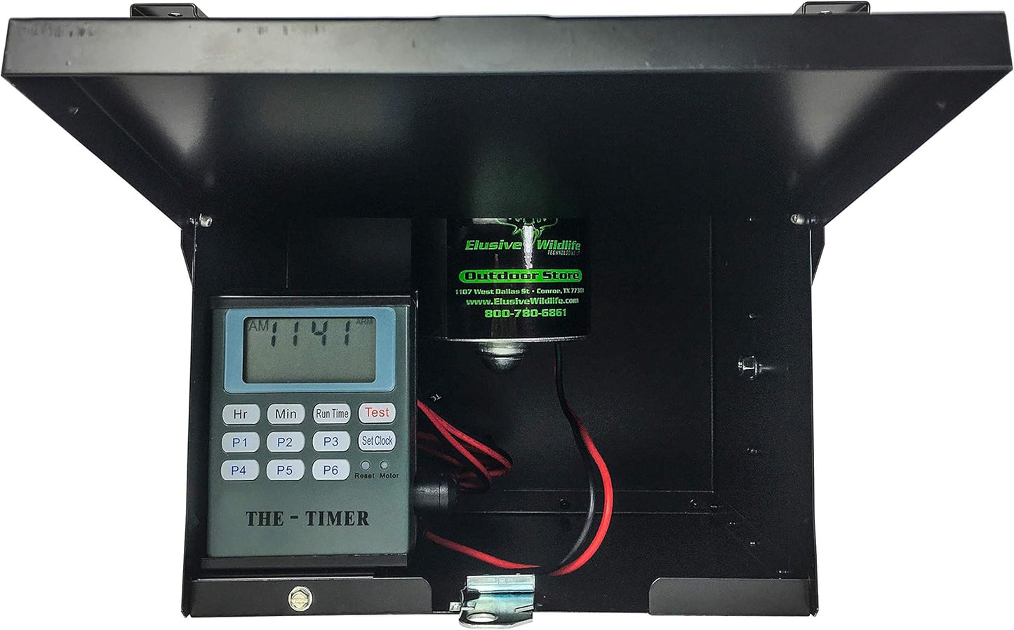 Elusive Wildlife Black 12V Feeder Control Box Kit with Integrated Solar Panel, Digital Timer & Swing Gate Spinner Plate, Heavy Duty Steel Housing, Battery Not Included
