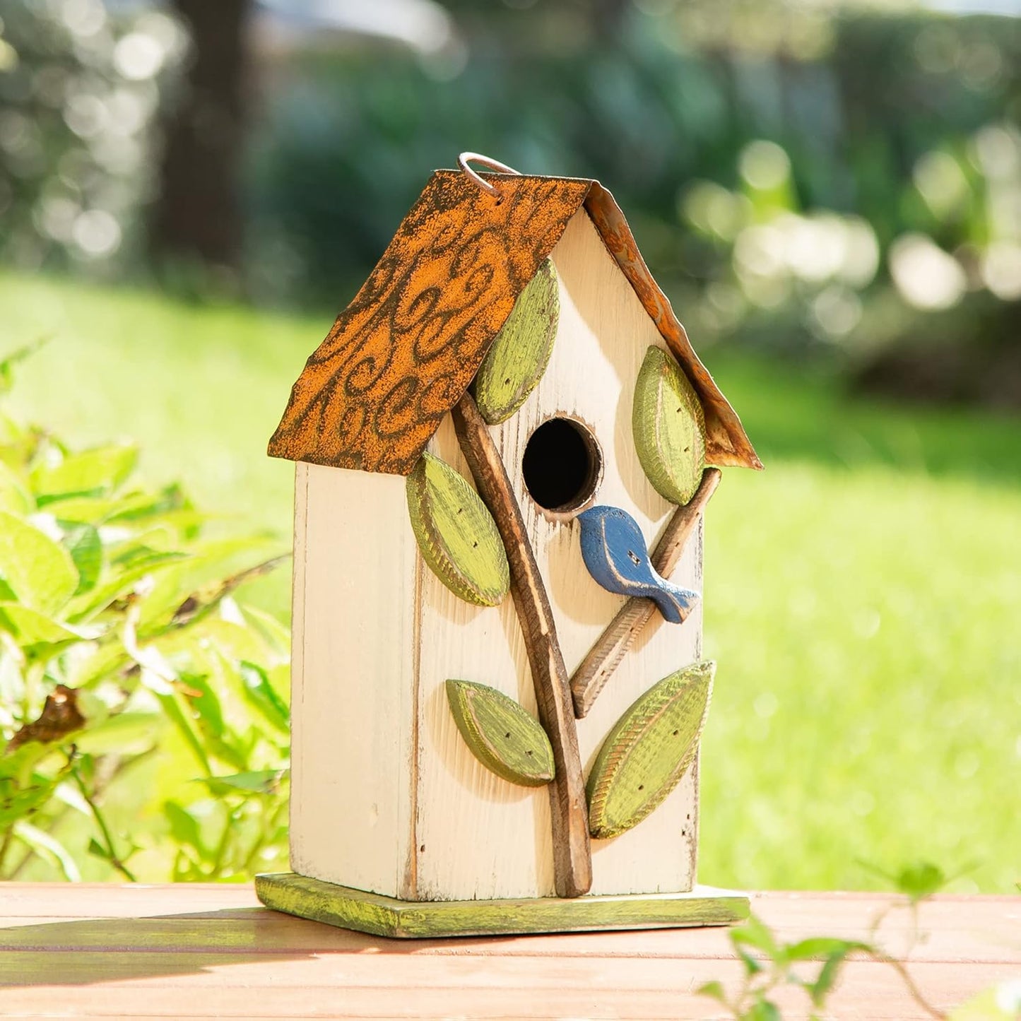 Glitzhome 9.7" H Hanging Birdhouse for Outdoor Patio Garden Decorative Pet Cottage Distressed Wooden Bird House for Finch Swallow Wren Chickadee, Leaves Rustic White