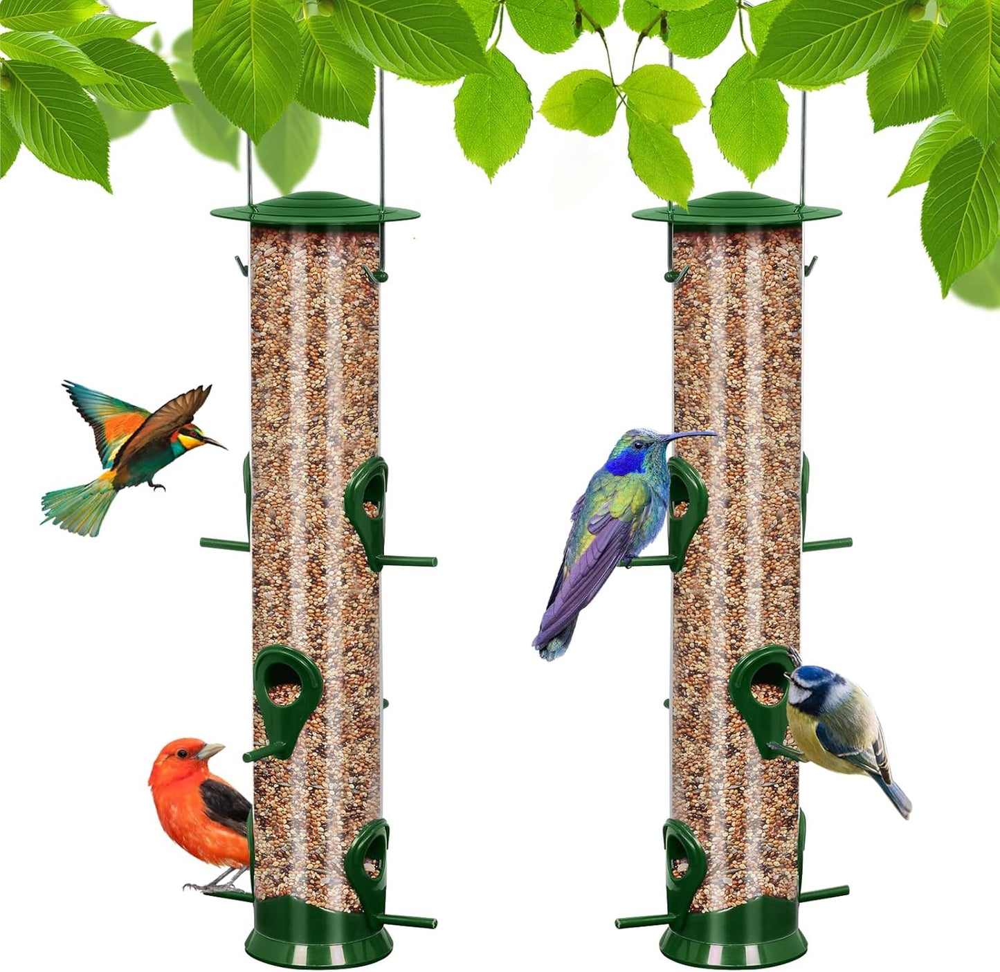 2 Packs Green Bird Feeder Tube Hanging Feeders, 6 Port Wild Bird Feeders Premium Hard Plastic with Steel Hanger Weatherproof and Water Resistant Great for Attracting Birds 18.2 Inches Large