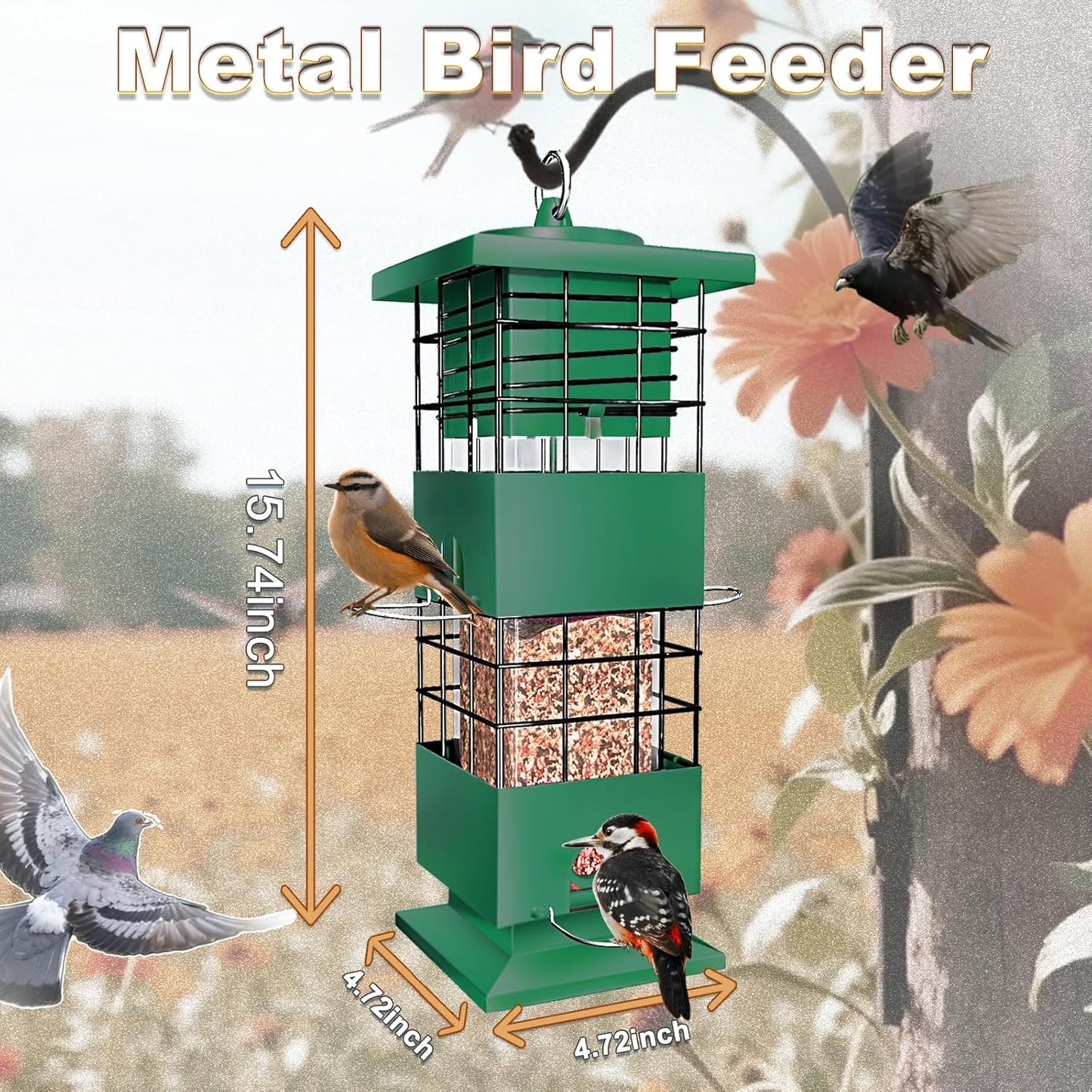 3 LBS Large Metal Squirrel Proof Bird Feeders for Outdoors Hanging, Birdfeeders Outside, Weight Activated Wild Bird Feeder with 4 Feeding Ports for Finch Cardinal Bluebird Backyard Garden