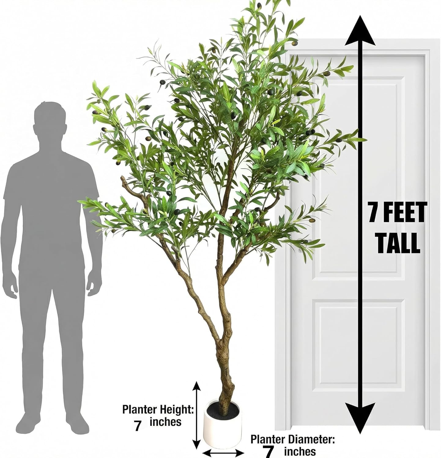 Artificial Olive Tree 7ft with Realistic Leaves, Dewdrops and Olives, Full and Grand Design Faux Tree with Sturdy Base for Indoor Outdoor Office Decor (Without Dewdrops)