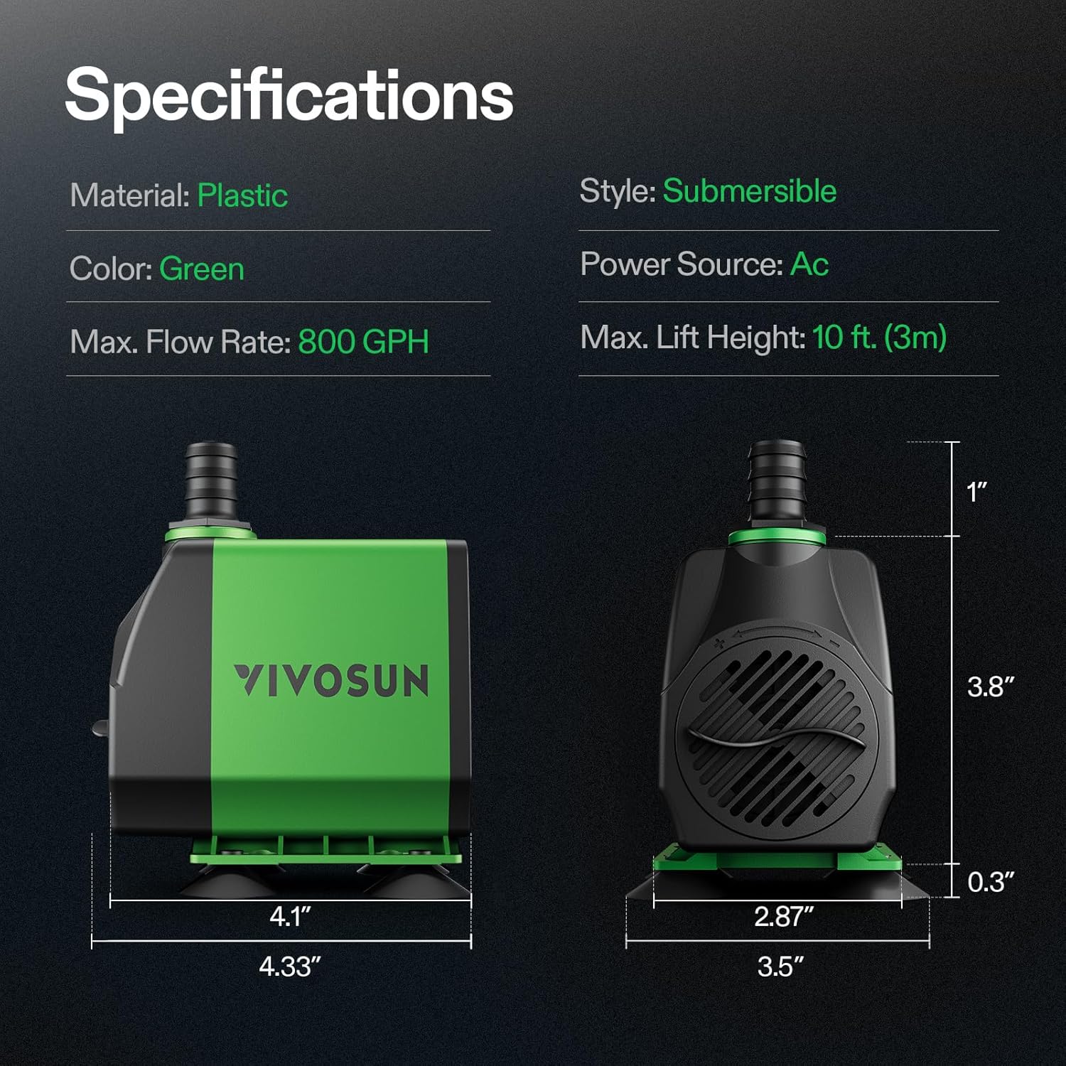 VIVOSUN 800GPH Submersible Pump(3000L/H, 24W), Ultra Quiet Water Fount