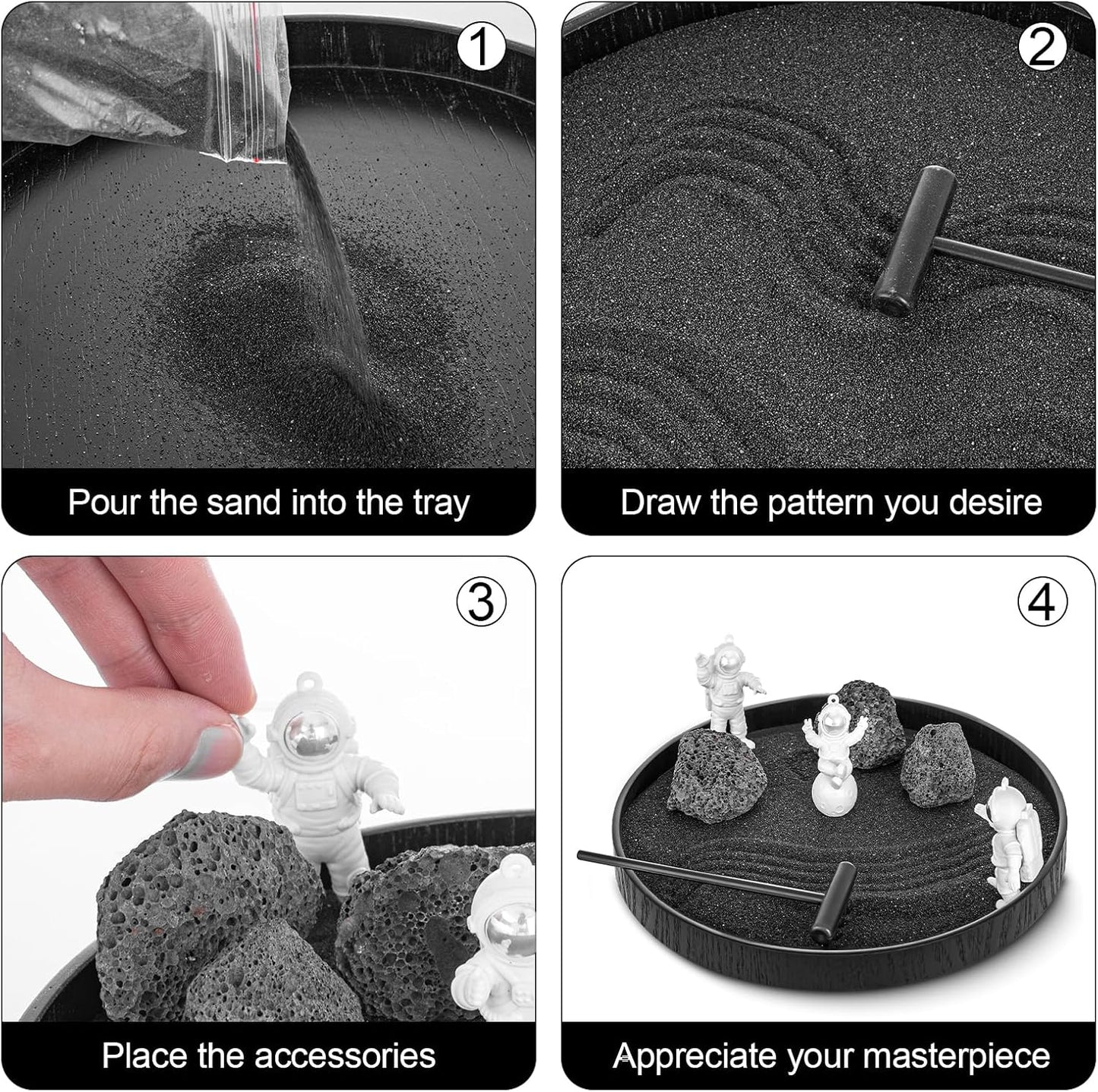 Zen Garden Kit for Desk – 8.2" Mini Zen Garden Desktop Decor with Astronauts, Black Sand, Stones & Rake Home Office Desk Decorations, Unique Decoration Gifts for Family and Friend